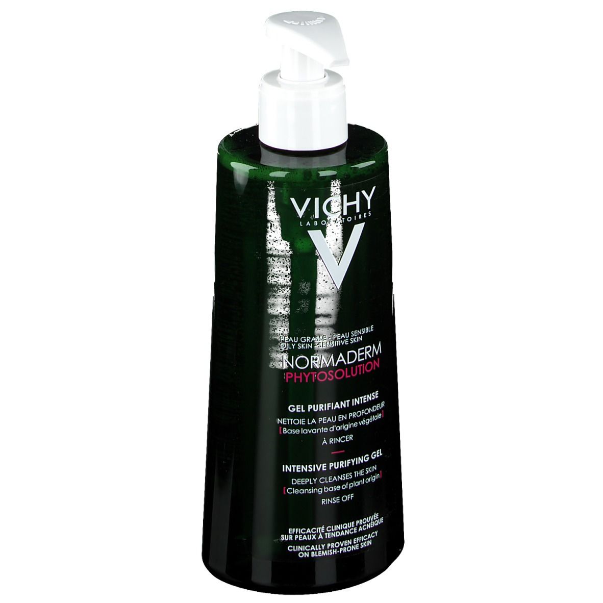 Grüne Flasche mit weißem Pumpkopf. Aufschrift: VICHY, Normaderm Phytosolution. Gel für fettige, sensible Haut.