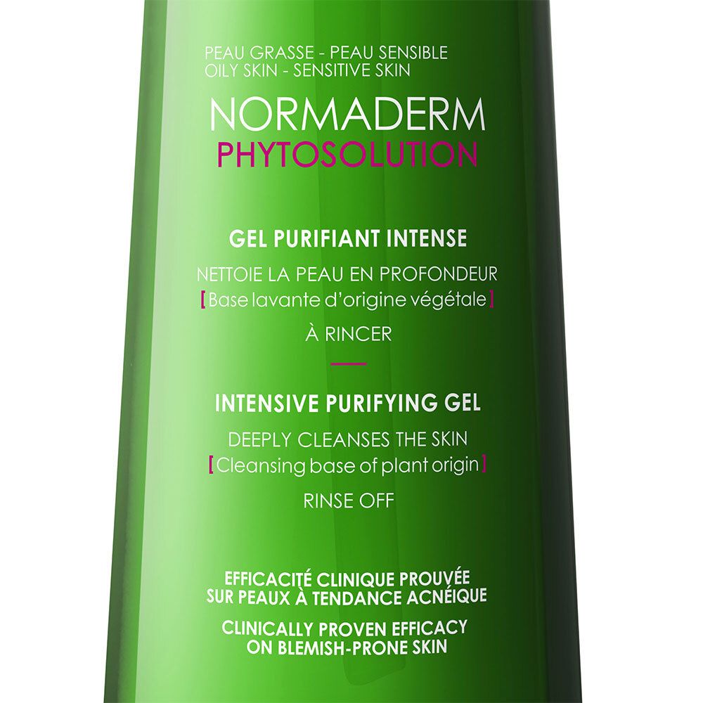 Nahaufnahme der Produktbeschriftung. Text: Normaderm Phytosolution, Gel Purifiant Intense, Intensive Purifying Gel.