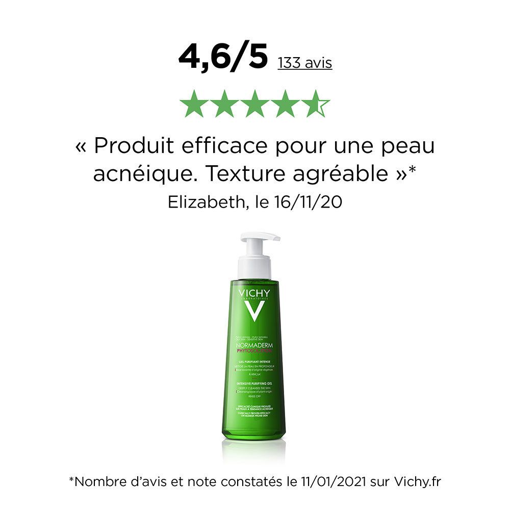 Produkt mit Bewertung: 4,6/5. Zitat: Produkt effektiv für Akne-Haut. Angenehme Textur. Produkt: VICHY Normaderm.