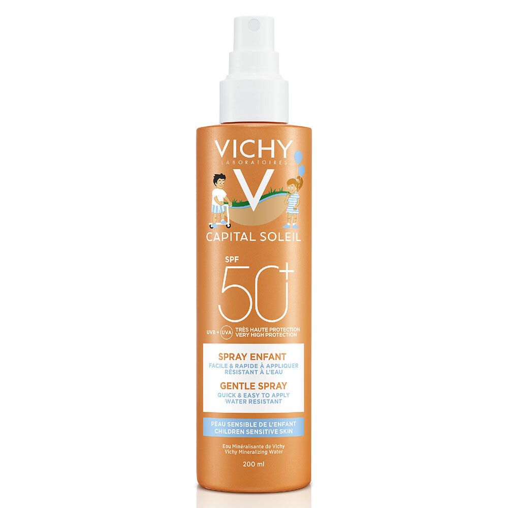 Flacon de spray solaire. Étiquette orange avec tête de pulvérisation blanche. Texte: VICHY, CAPITAL SOLEIL, SPF 50+.
