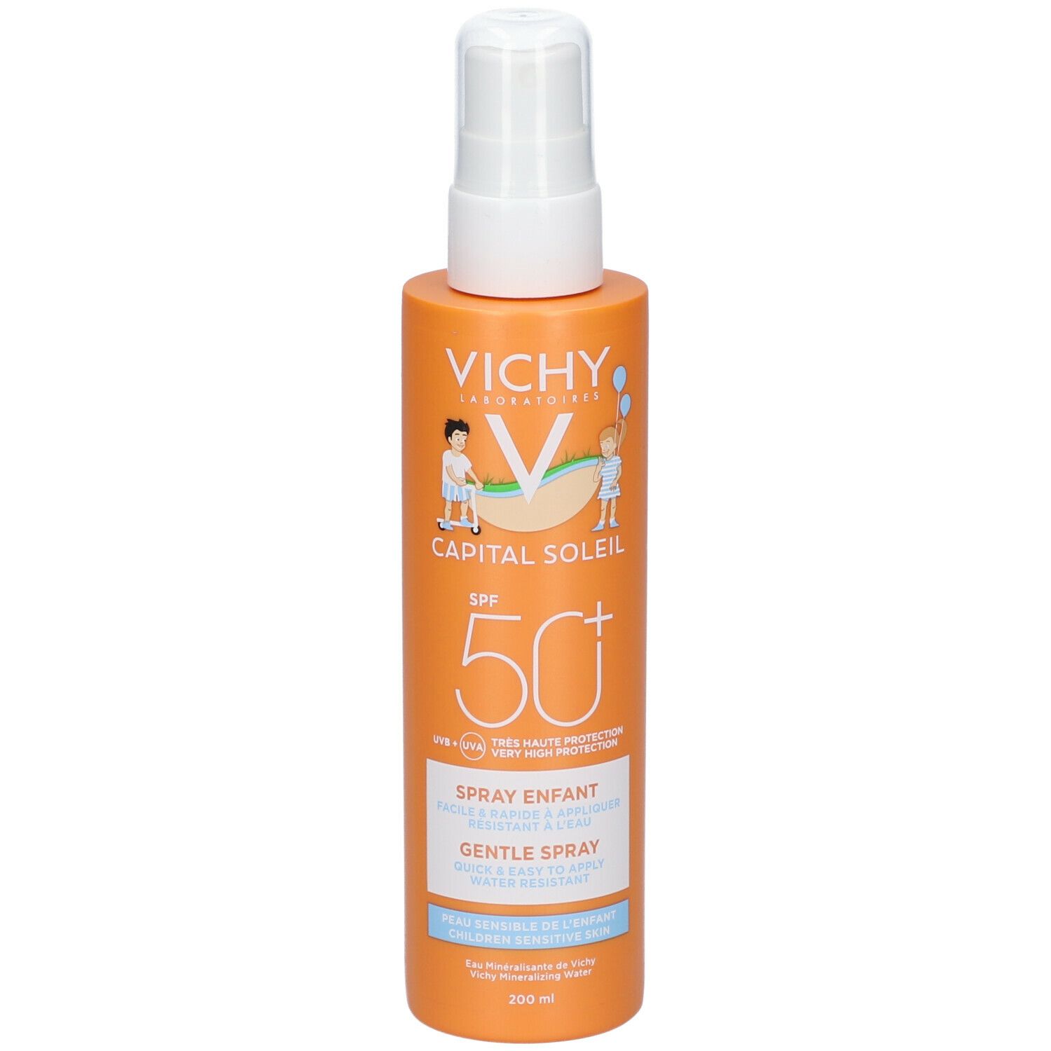 Flacon de spray solaire. Étiquette orange avec tête de pulvérisation blanche. Texte: VICHY, CAPITAL SOLEIL, SPF 50+.
