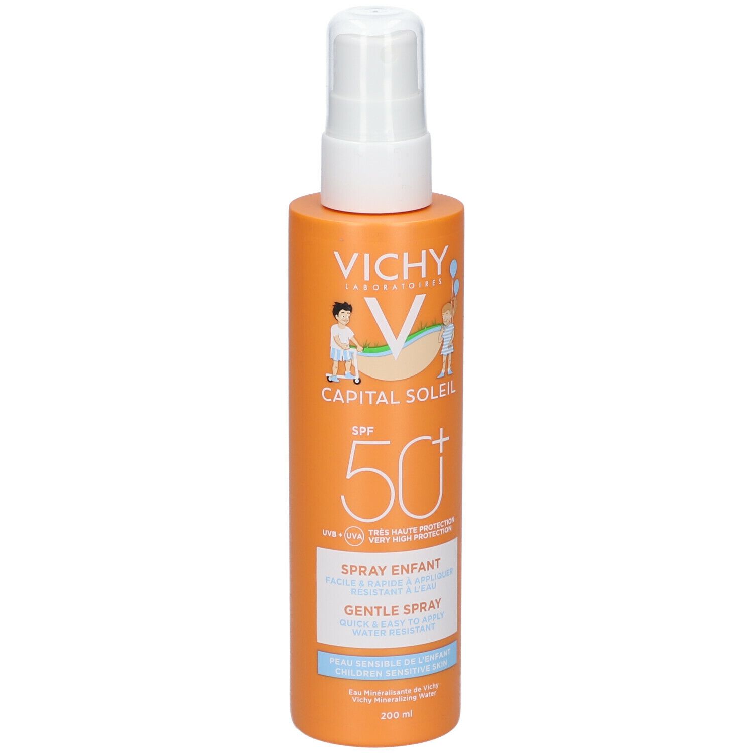 Flacon de spray solaire. Étiquette orange avec tête de pulvérisation blanche. Texte: VICHY, CAPITAL SOLEIL, SPF 50+.