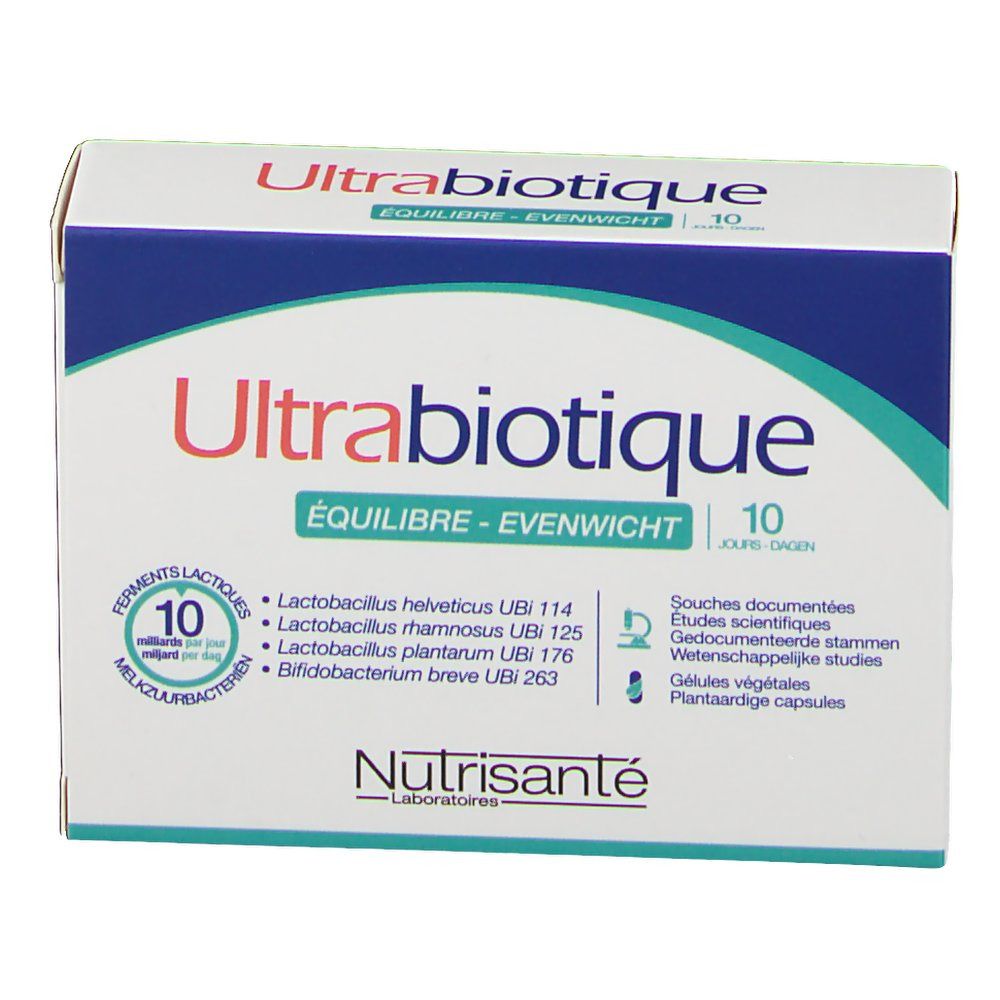 Verpackung von Ultrabiotique Equilibre - Evenwicht. Produktinformationen und Logo auf der Schachtel.