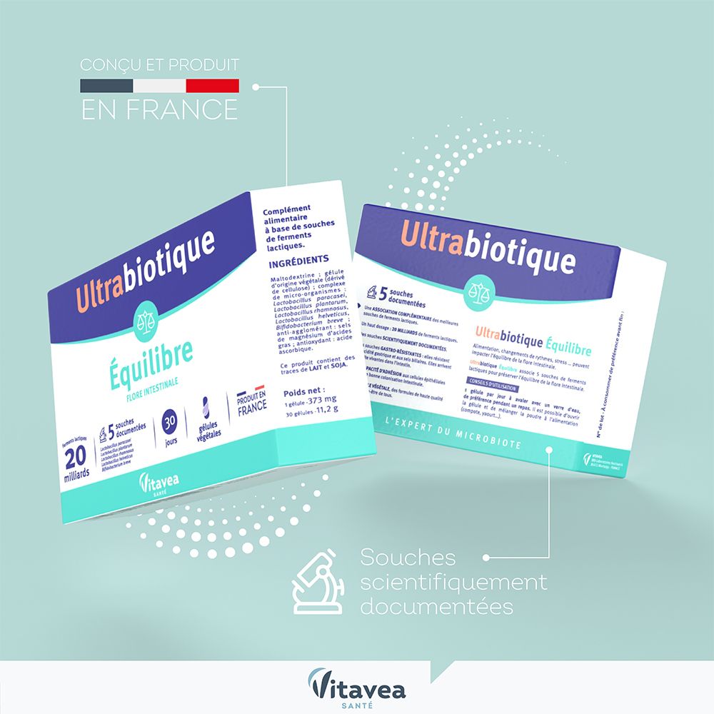 Twee verpakkingen Ultrabiotique Équilibre. Tekst: 5 gedocumenteerde stammen. Gemaakt in Frankrijk. Logo: Vitae Santé. Productinformatie.