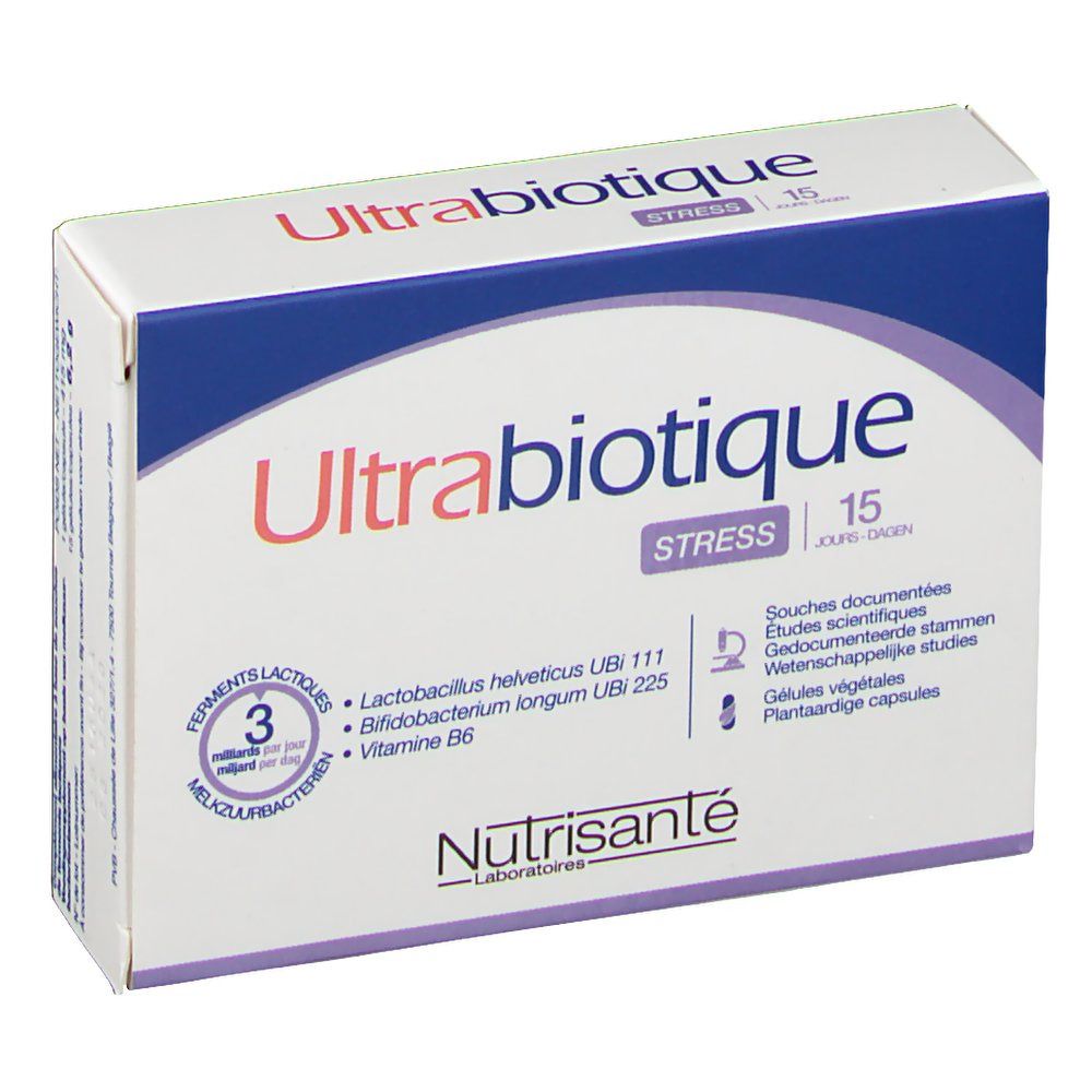 Boîte Ultrabiotique Stress, 15 jours. Ingrédients : Lactobacillus helveticus, Bifidobacterium longum, vitamine B6. Logo Nutrisanté.
