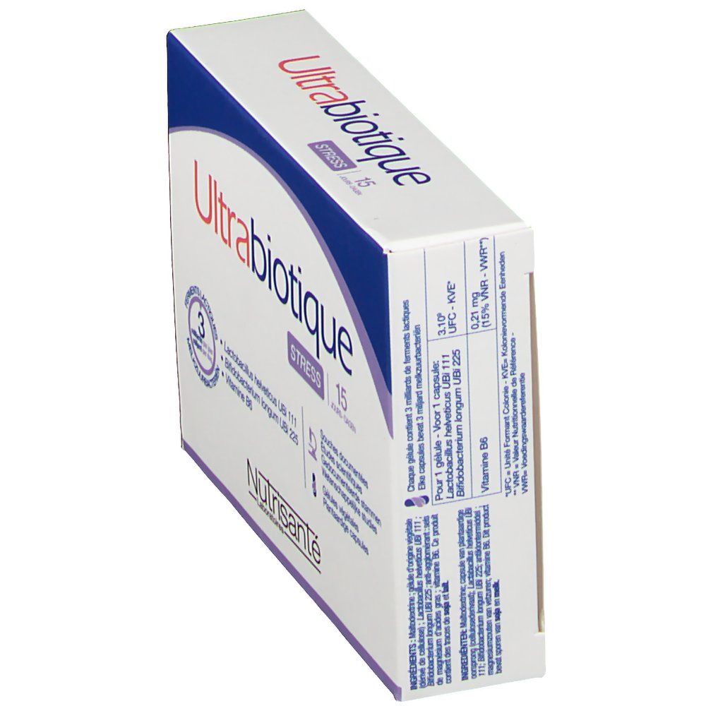 Vue oblique de la boîte Ultrabiotique Stress. Contient 15 gélules. Ingrédients et informations nutritionnelles sur le côté. Logo Nutrisanté.