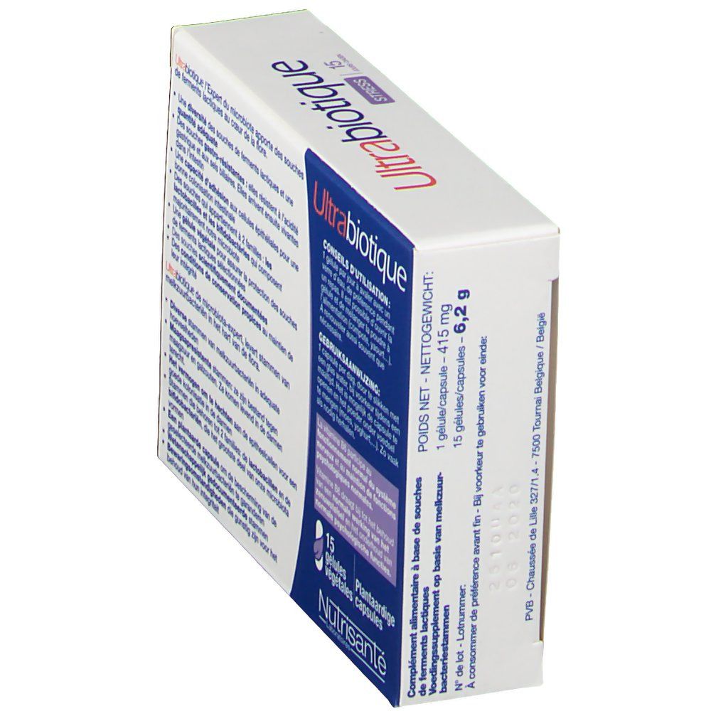 Vue latérale de la boîte Ultrabiotique Stress. Contient 15 gélules. Informations sur les ingrédients et l'utilisation.