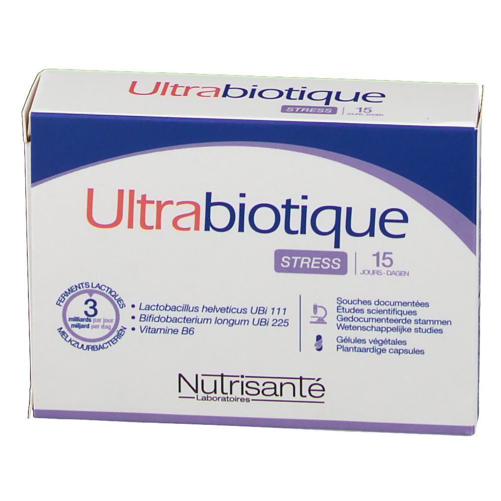 Boîte Ultrabiotique Stress, 15 jours. Ingrédients : Lactobacillus helveticus, Bifidobacterium longum, vitamine B6. Logo Nutrisanté.