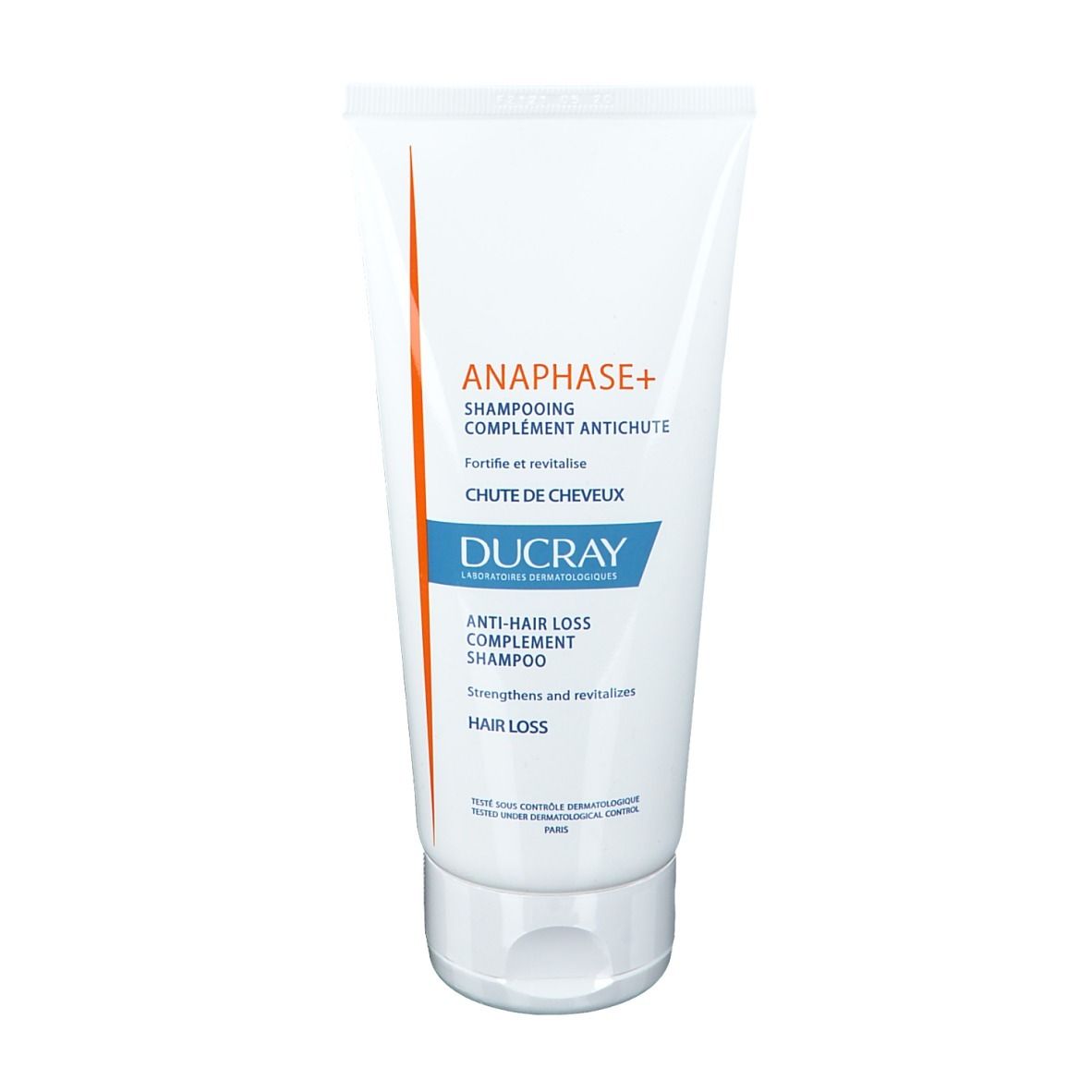 Witte tube met blauw-wit etiket. Tekst: Anaphase+, Ducray, Anti-haaruitval shampoo.