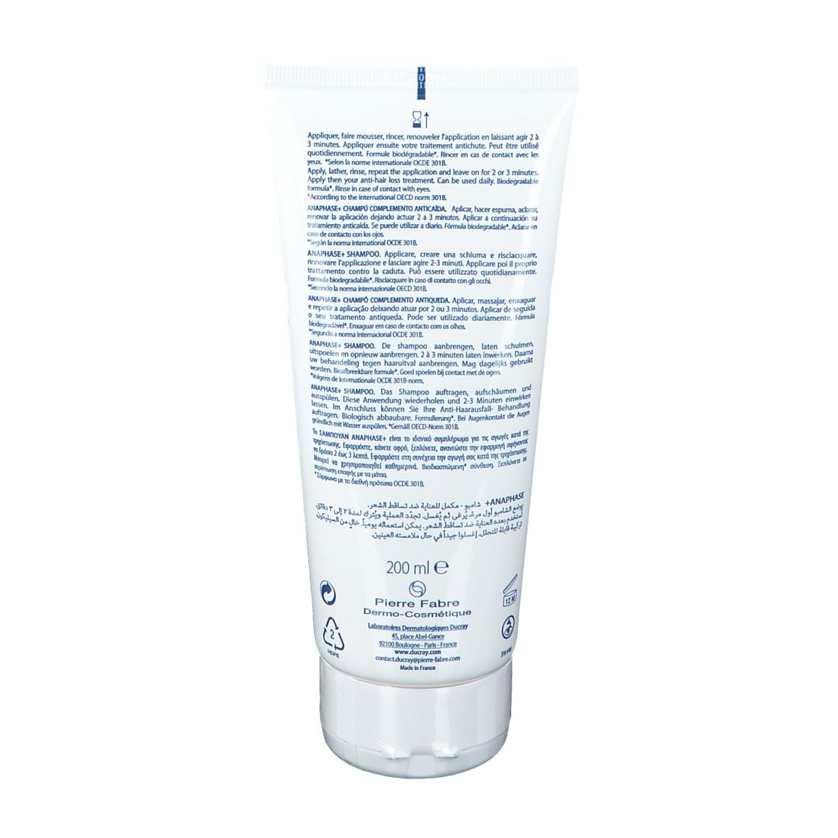 Achterkant van de tube. Meertalige tekst: Gebruiksaanwijzing, ingrediënten, 200 ml, Pierre Fabre.