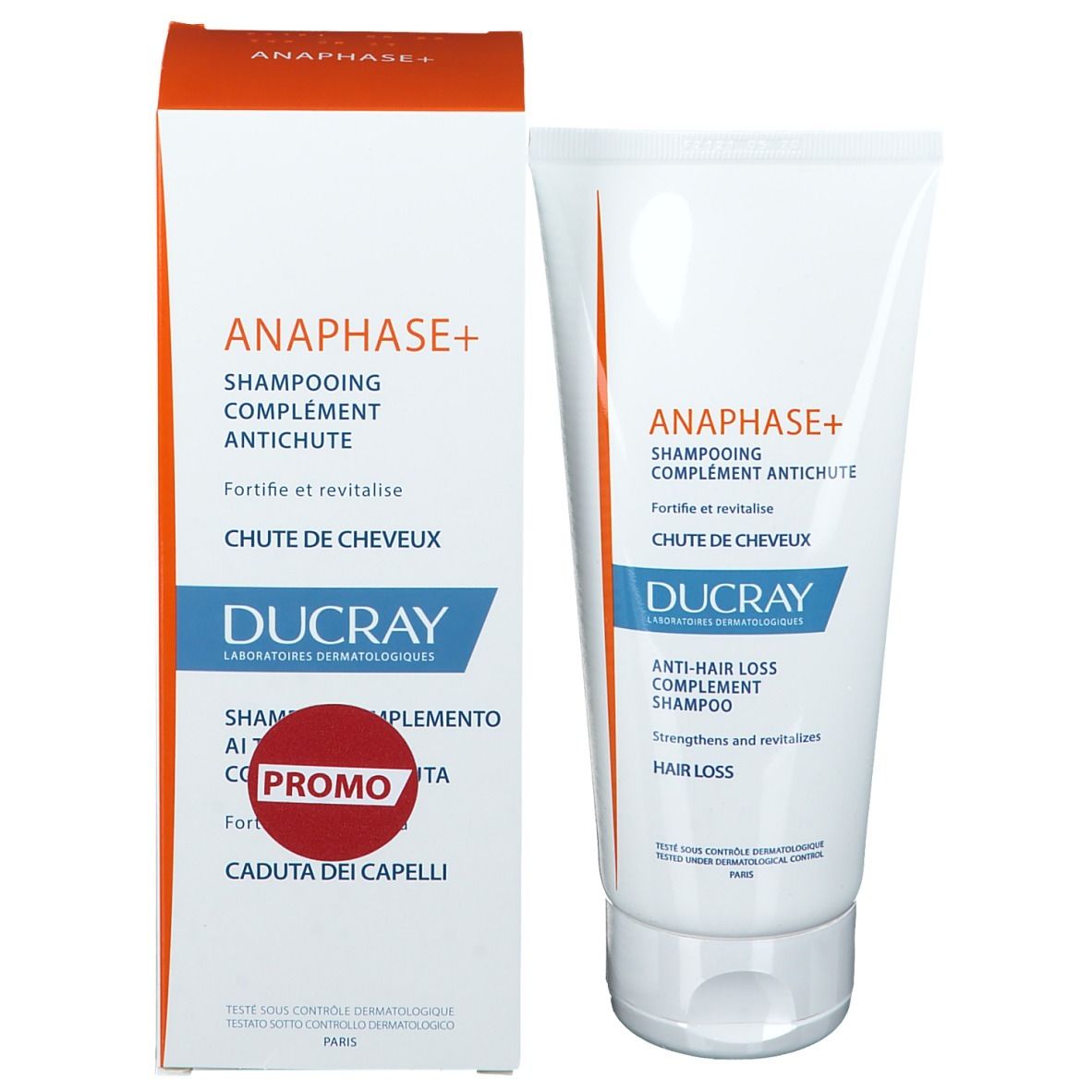 Productverpakking met tube en doos. Tekst: Anaphase+, Ducray, Shampoo, Promo.