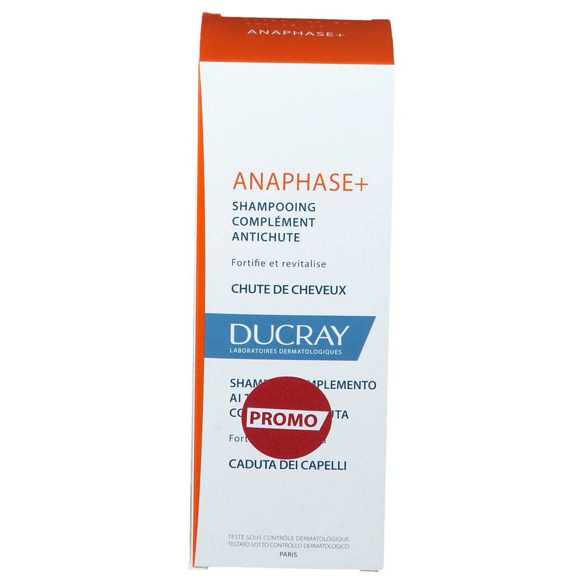 Kartonnen verpakking. Tekst: Anaphase+, Ducray, Shampoo, Promo, Haaruitval.