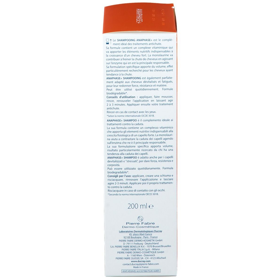 Achterkant van de kartonnen verpakking. Tekst: Anaphase+, Gebruiksaanwijzing, 200 ml, Pierre Fabre.