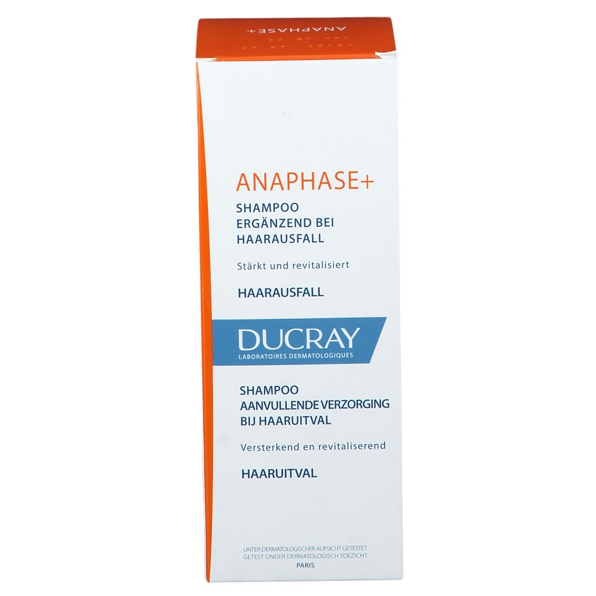 Kartonnen verpakking. Tekst: Anaphase+, Ducray, Shampoo, Haaruitval.