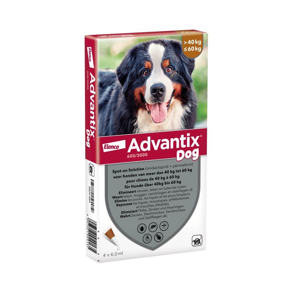 Boîte Advantix Dog. Contient 4 pipettes. Marque: Elanco. Pour chiens de 40 kg à 60 kg.