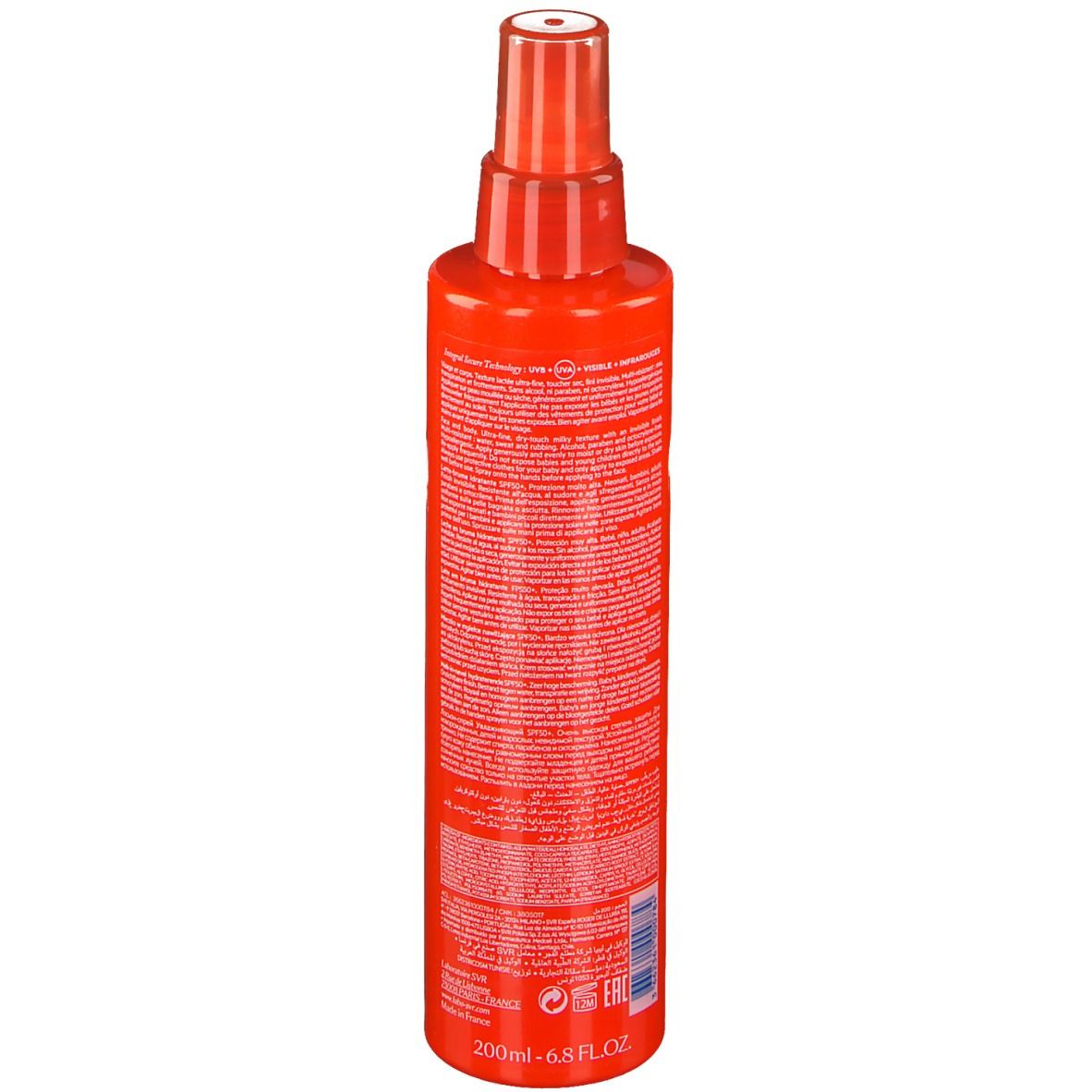 Dos d'un flacon spray rouge. Texte et inscriptions. En bas: 200ml - 6.8 FL.OZ. Divers logos et symboles.