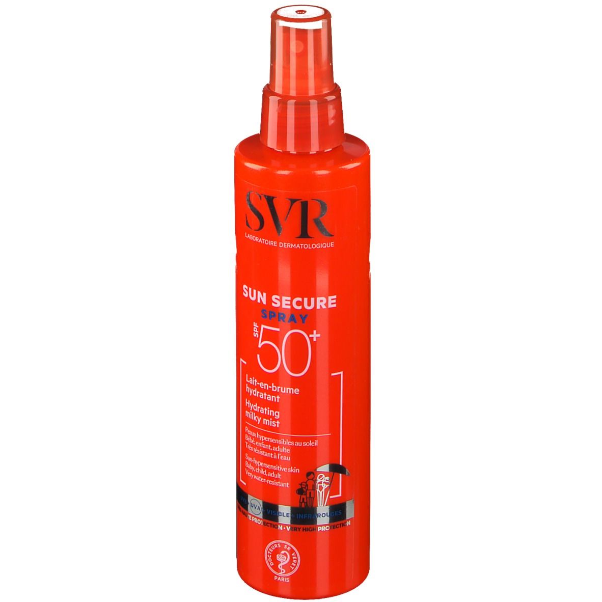 Flacon spray rouge avec bouchon blanc. Inscriptions: SVR, SUN SECURE SPRAY SPF50+. Lait-en-brume hydratant.