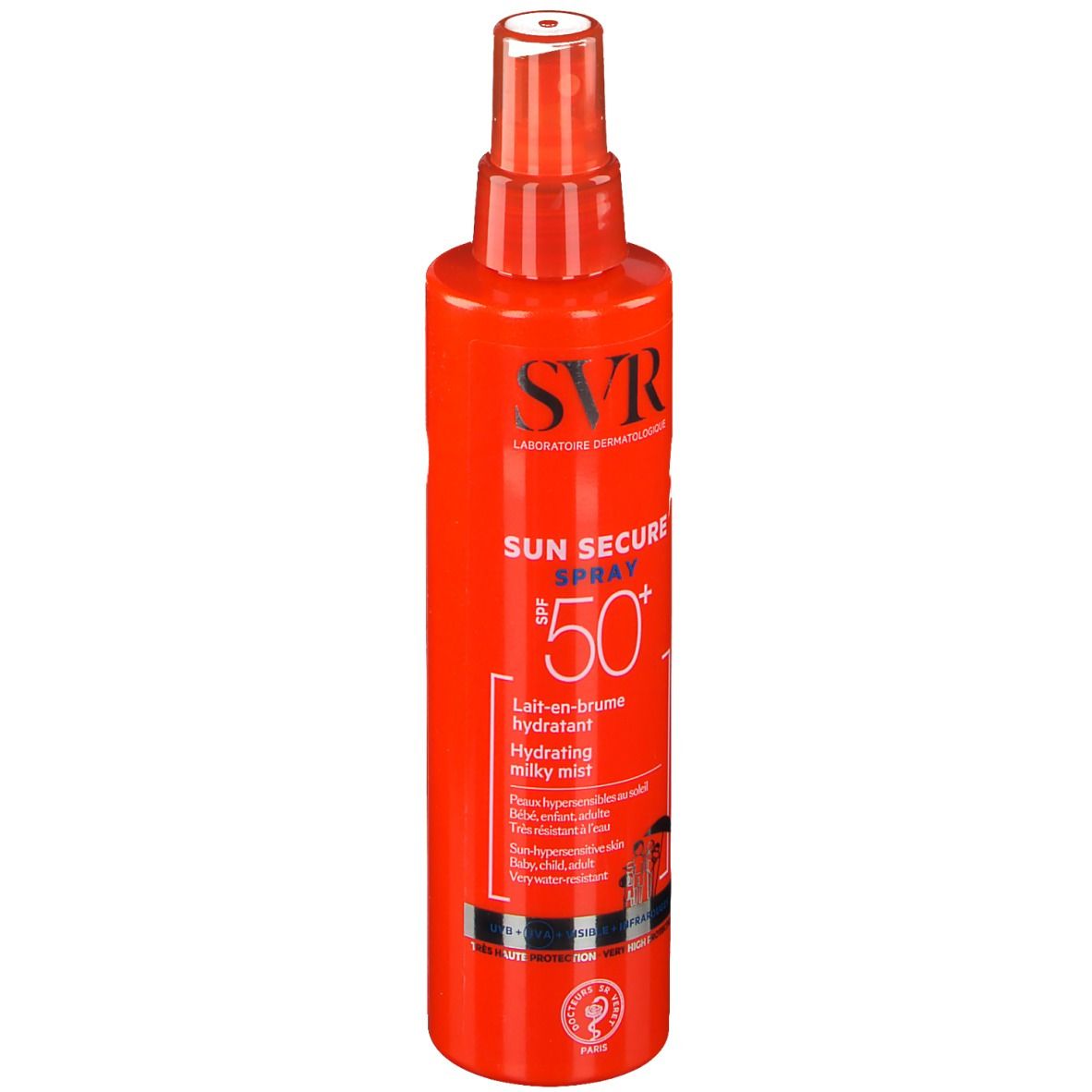 Flacon spray rouge avec bouchon blanc. Inscriptions: SVR, SUN SECURE SPRAY SPF50+. Lait-en-brume hydratant.