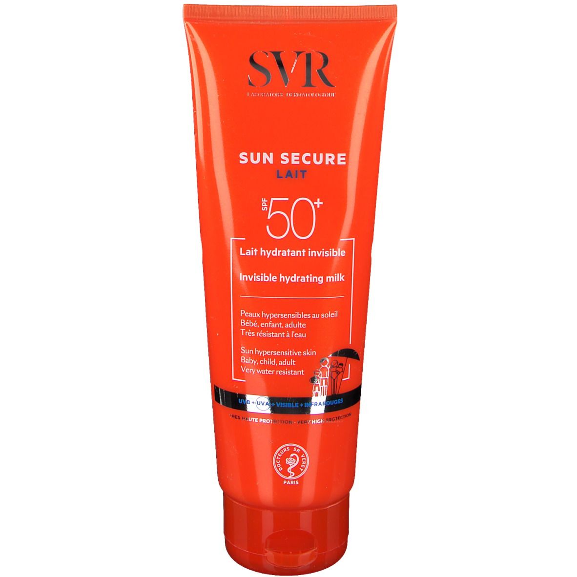 Tube orange avec texte blanc. Contient de la crème solaire. Inscriptions: SVR, SUN SECURE, SPF50+, Lait hydratant invisible.