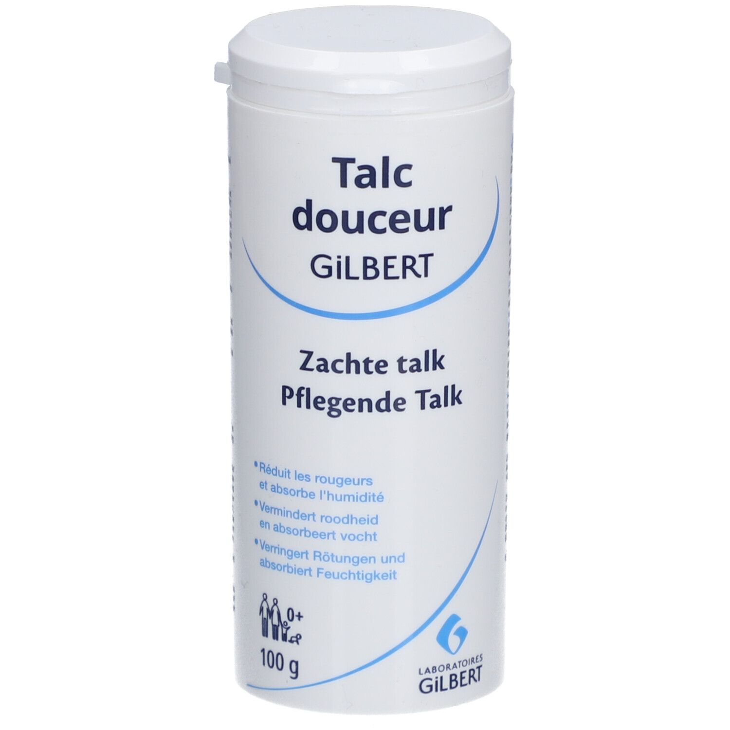 Flacon blanc avec couvercle. Inscription : Talc douceur GILBERT, Zachte talk, Pflegende Talk. 100 g.