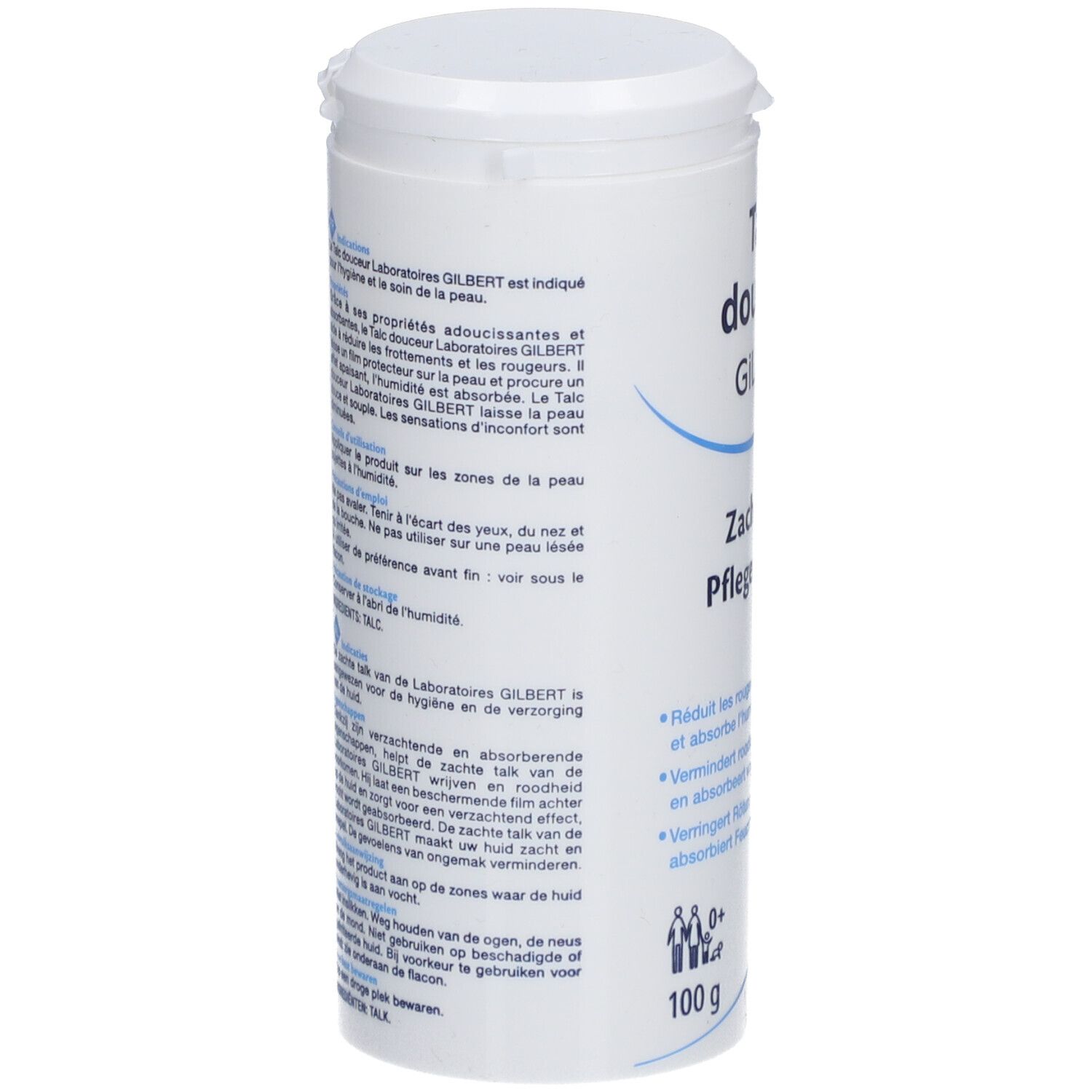 Flacon blanc avec couvercle. Texte en français, néerlandais et allemand. Inscription : Talc douceur GILBERT. 100 g.
