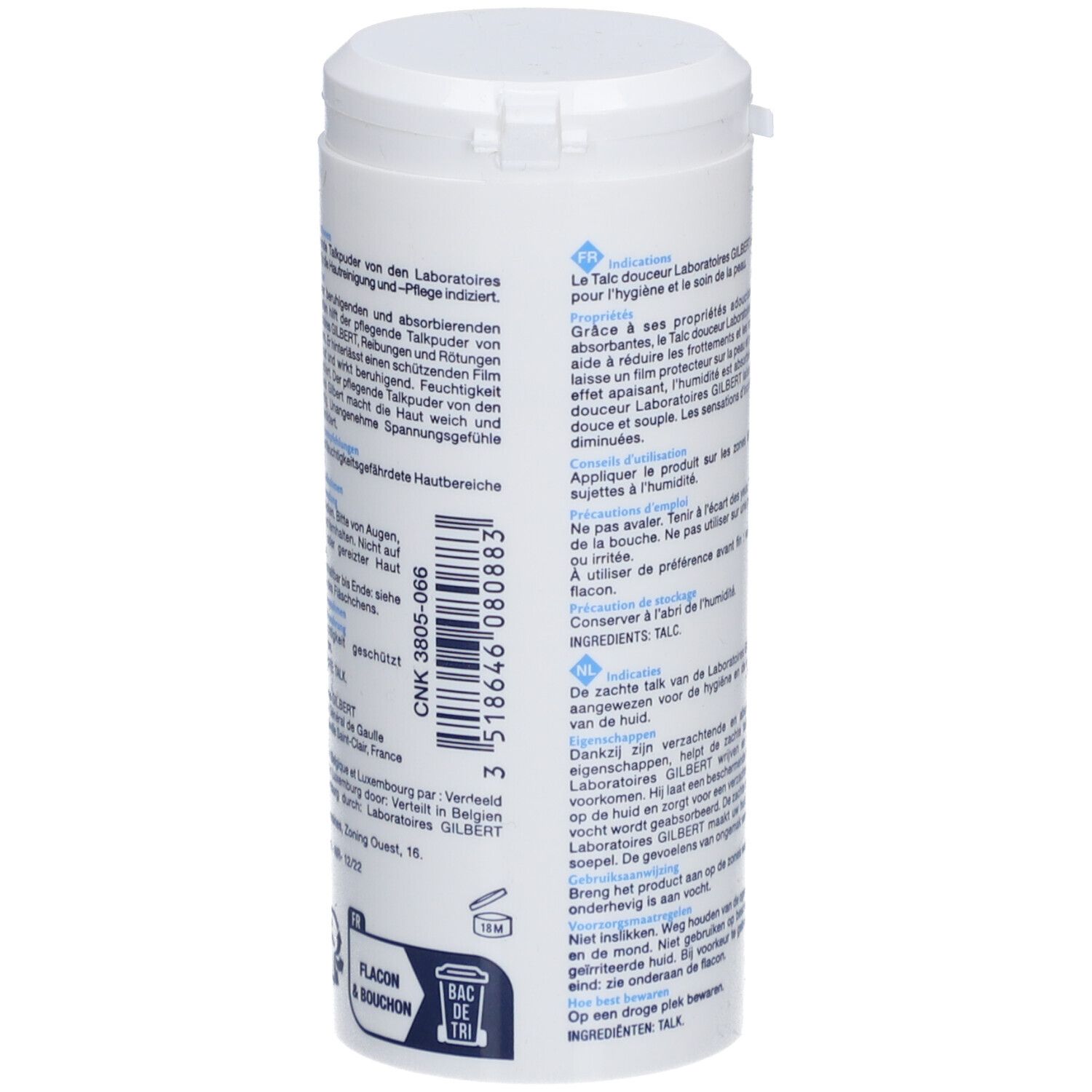 Flacon blanc avec couvercle. Texte en français, néerlandais et allemand. Inscription : Talc douceur GILBERT. 100 g.