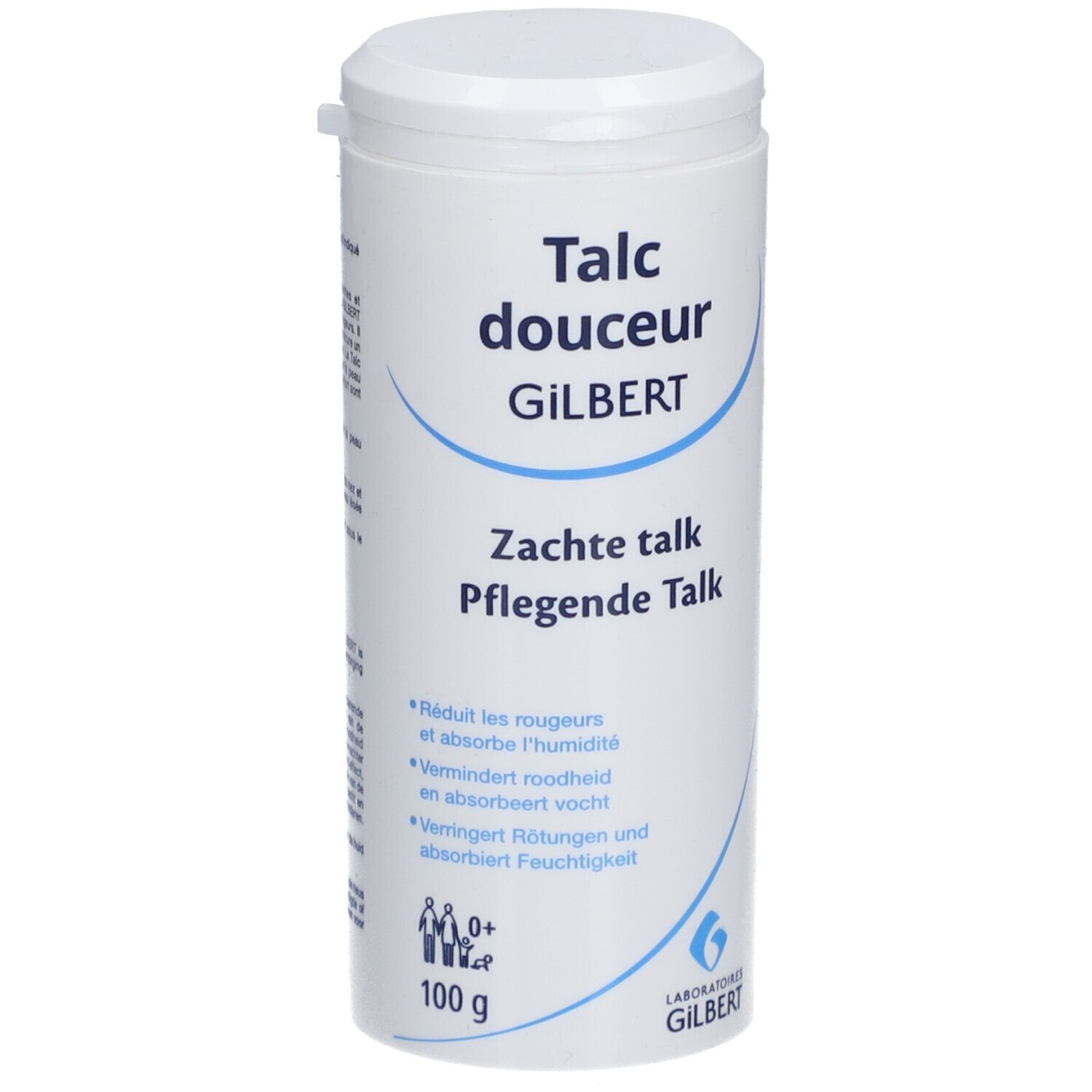 Flacon blanc avec couvercle. Inscription : Talc douceur GILBERT, Zachte talk, Pflegende Talk. 100 g.