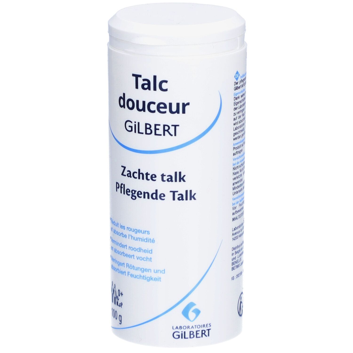 Flacon blanc avec couvercle. Inscription : Talc douceur GILBERT, Zachte talk, Pflegende Talk. 100 g.