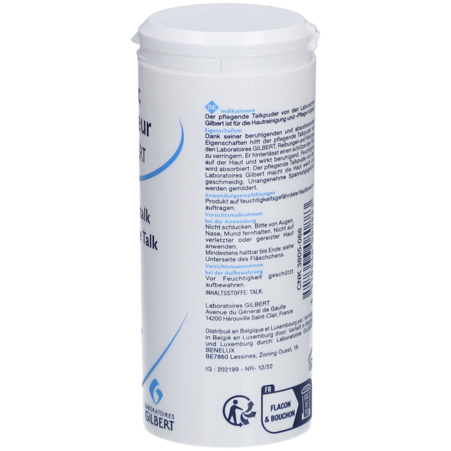 Flacon blanc avec couvercle. Texte en français, néerlandais et allemand. Inscription : Talc douceur GILBERT. 100 g.