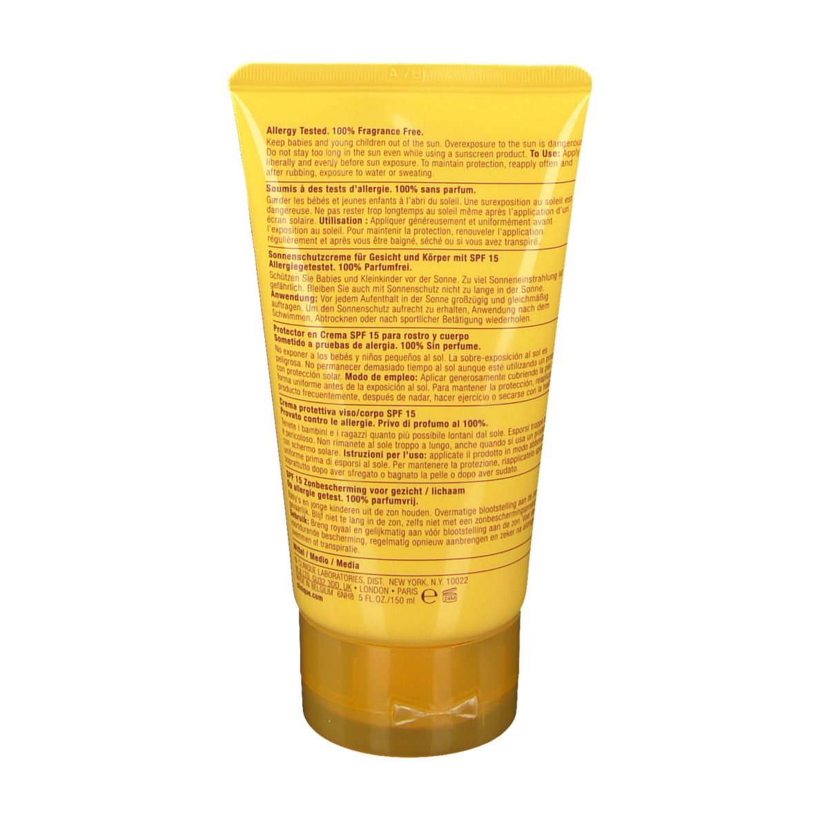 Tube jaune avec texte. Dos avec informations multilingues. Inscription : 100% sans parfum.