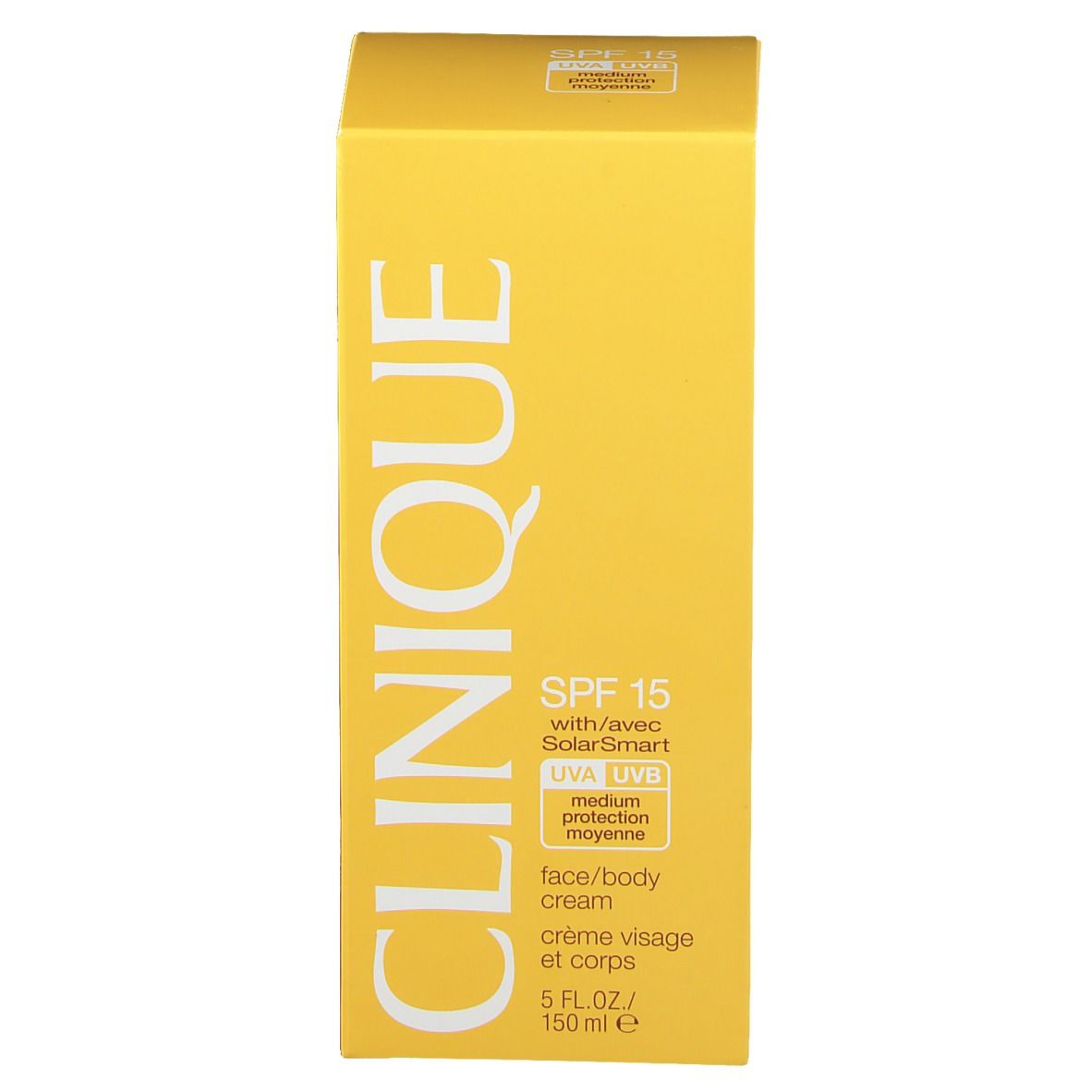 Boîte jaune avec inscription : CLINIQUE, SPF 15, crème visage et corps, 5 FL.OZ./150 ml e.