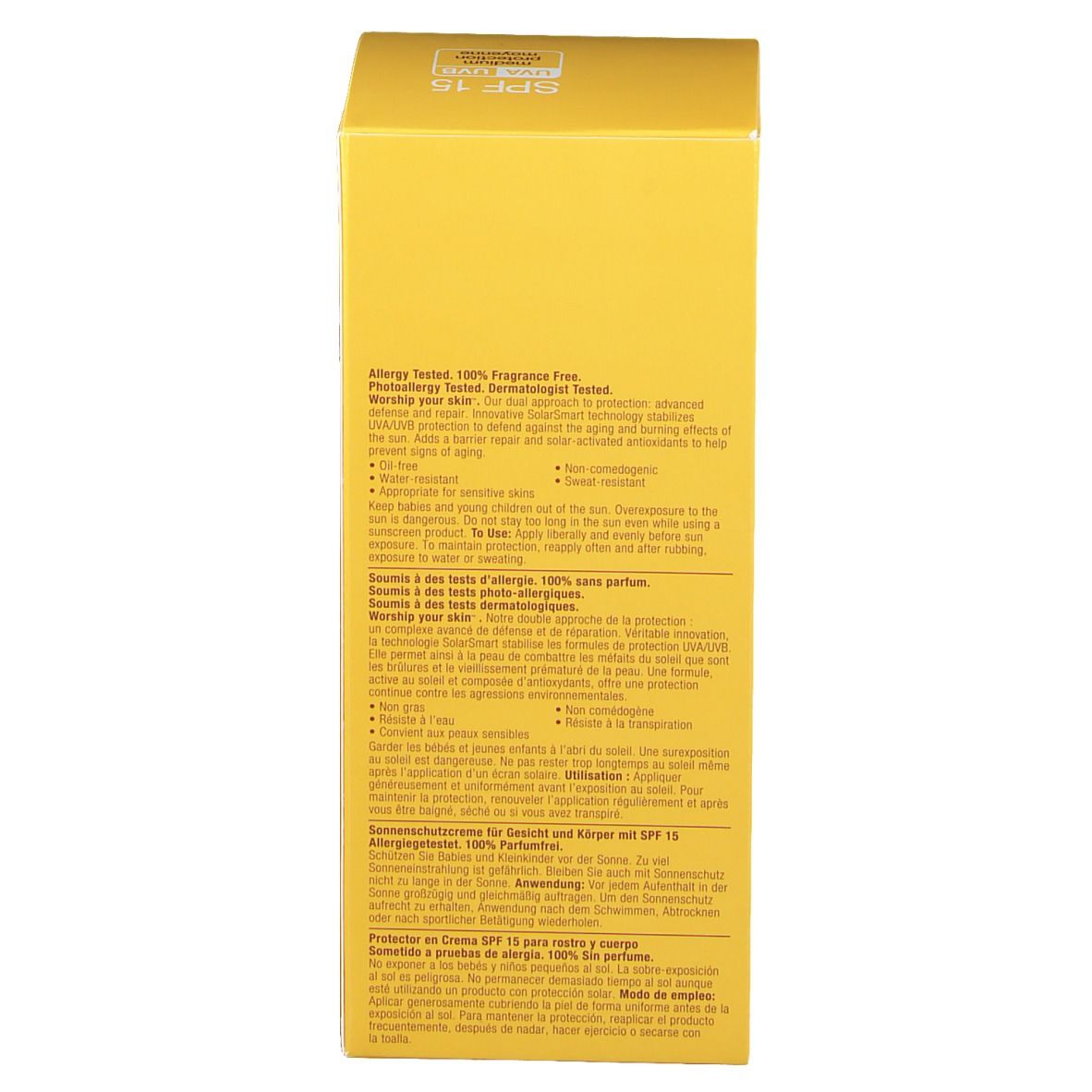 Boîte jaune avec texte. Dos avec informations multilingues. Inscription : Allergy Tested. 100% sans parfum.