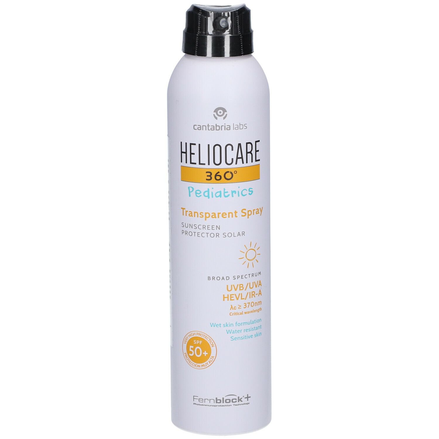 Heliocare 360° Pädiatrie Transparante Spray SPF50+. Witte spuitfles met zwarte dop. Product- en SPF-informatie.