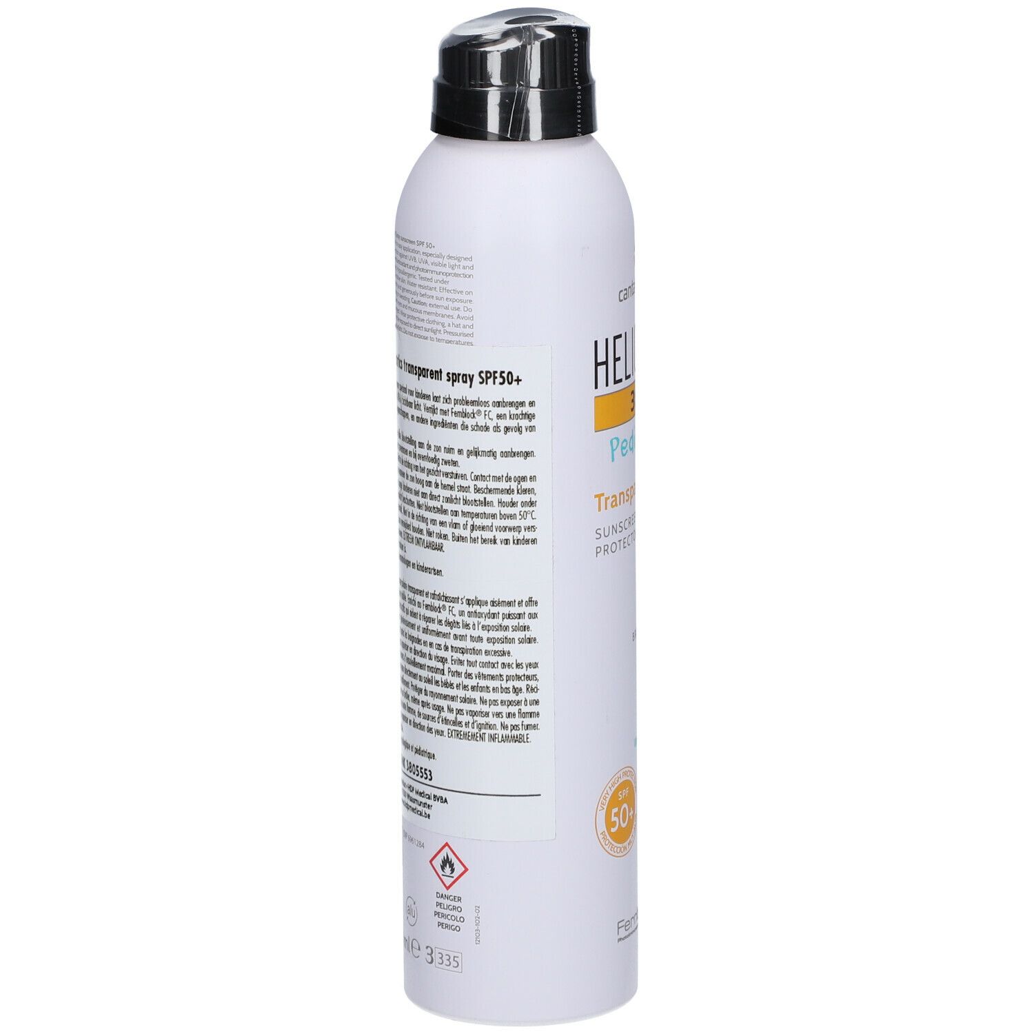 Heliocare 360° Pädiatrie Transparante Spray SPF50+. Witte spuitfles met zwarte dop. Achterkant met tekst.