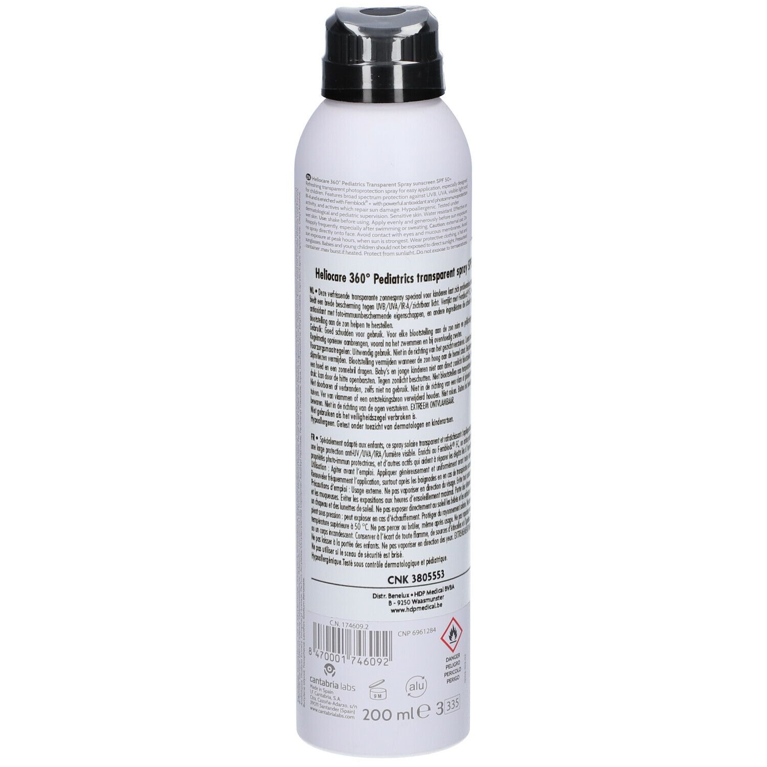 Heliocare 360° Pädiatrie Transparante Spray SPF50+. Witte spuitfles met zwarte dop. Achterkant met tekst.