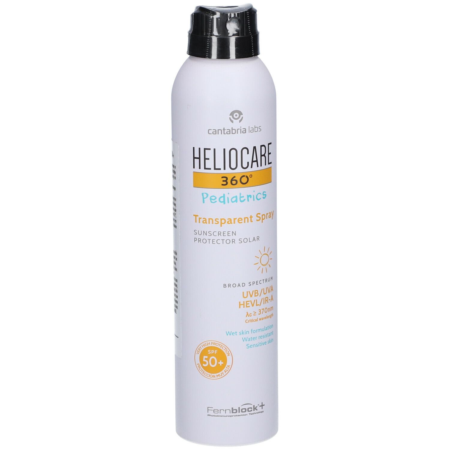Heliocare 360° Pädiatrie Transparante Spray SPF50+. Witte spuitfles met zwarte dop. Product- en SPF-informatie.