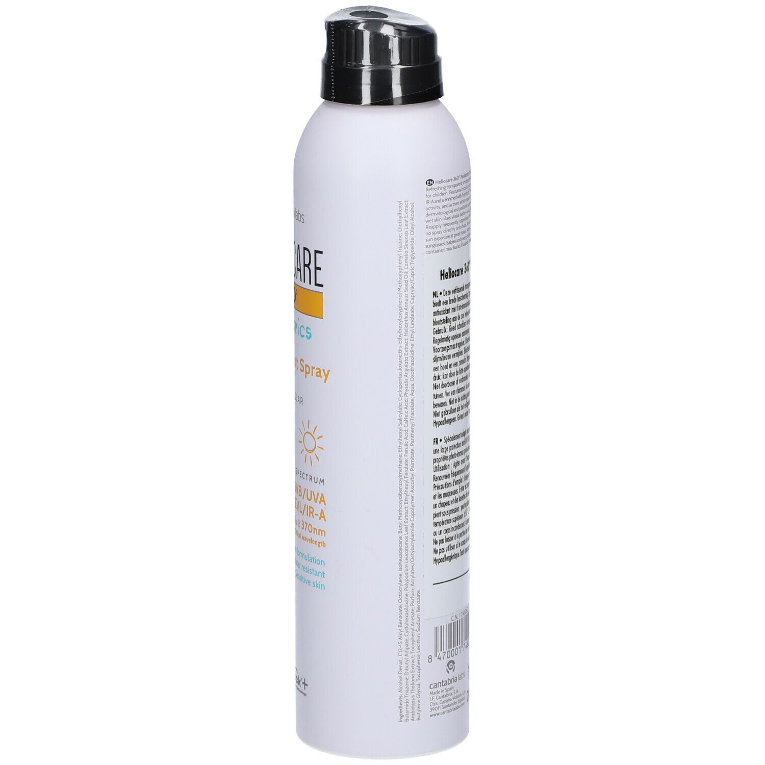 Heliocare 360° Pädiatrie Transparante Spray SPF50+. Witte spuitfles met zwarte dop. Achterkant met tekst.