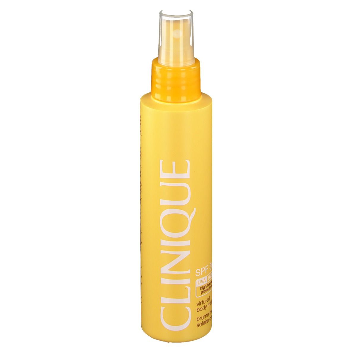 Flacon jaune avec vaporisateur. Inscription CLINIQUE. SPF 30. Virtu-oil body mist.