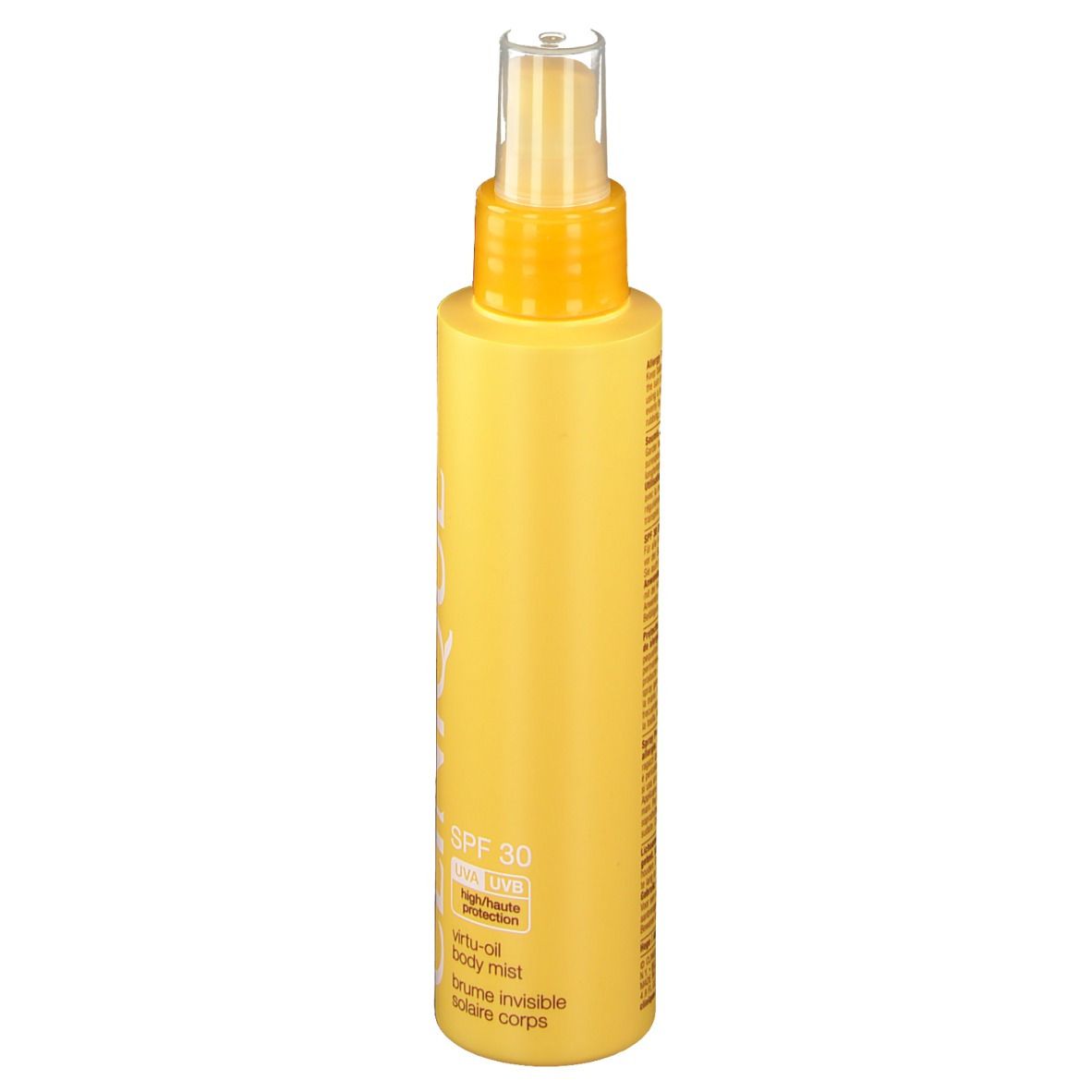 Flacon jaune avec vaporisateur. Inscription CLINIQUE. SPF 30. Virtu-oil body mist.