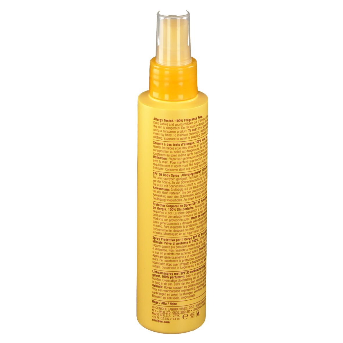Flacon jaune avec vaporisateur. Texte au dos. Inscription CLINIQUE. SPF 30. Virtu-oil body mist.