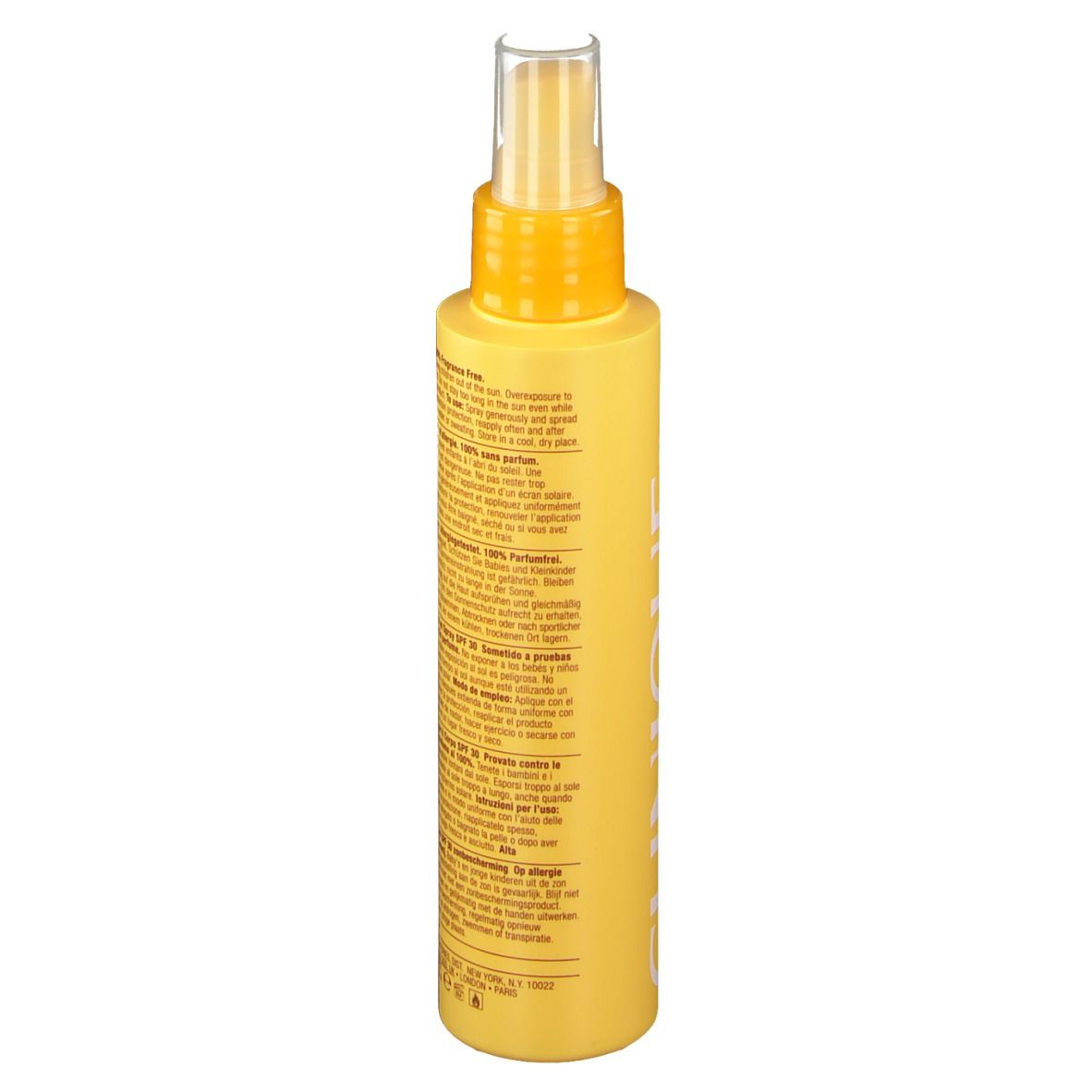Flacon jaune avec vaporisateur. Texte au dos. Inscription CLINIQUE. SPF 30. Virtu-oil body mist.