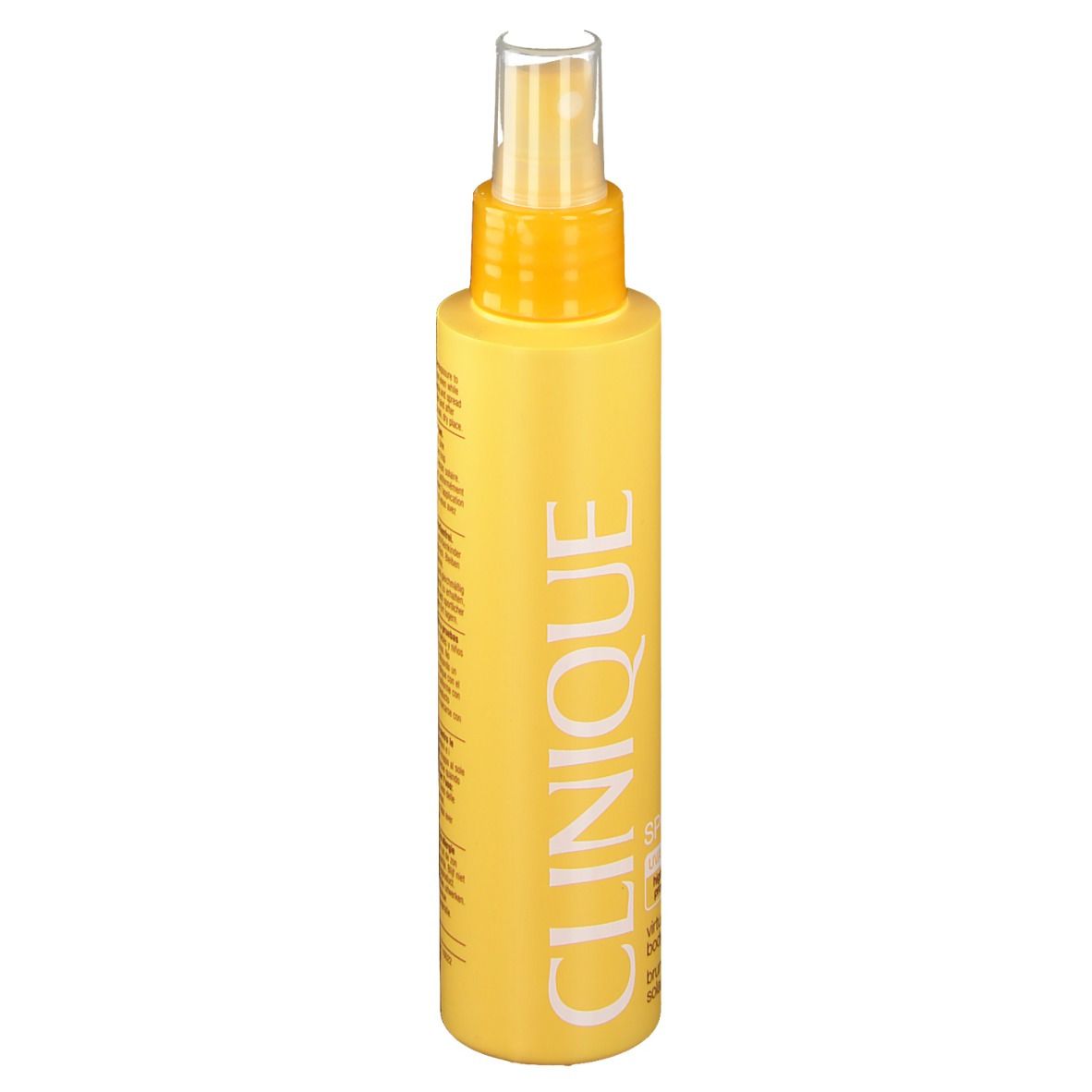 Flacon jaune avec vaporisateur. Inscription CLINIQUE. SPF 30. Virtu-oil body mist.
