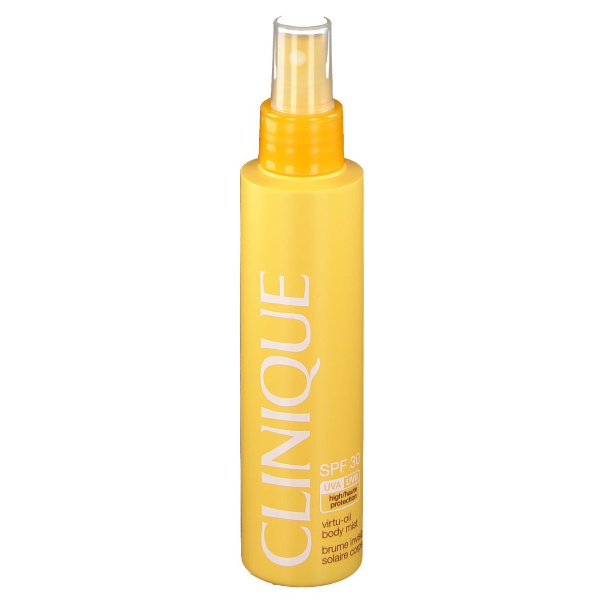 Flacon jaune avec vaporisateur. Inscription CLINIQUE. SPF 30. Virtu-oil body mist.
