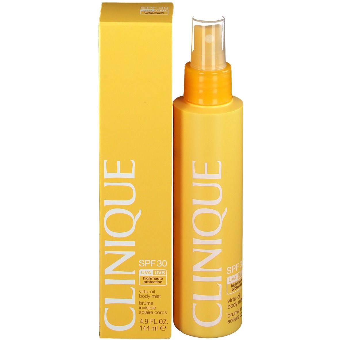 Flacon et boîte jaunes. Inscription CLINIQUE. SPF 30. Virtu-oil body mist. 144 ml.