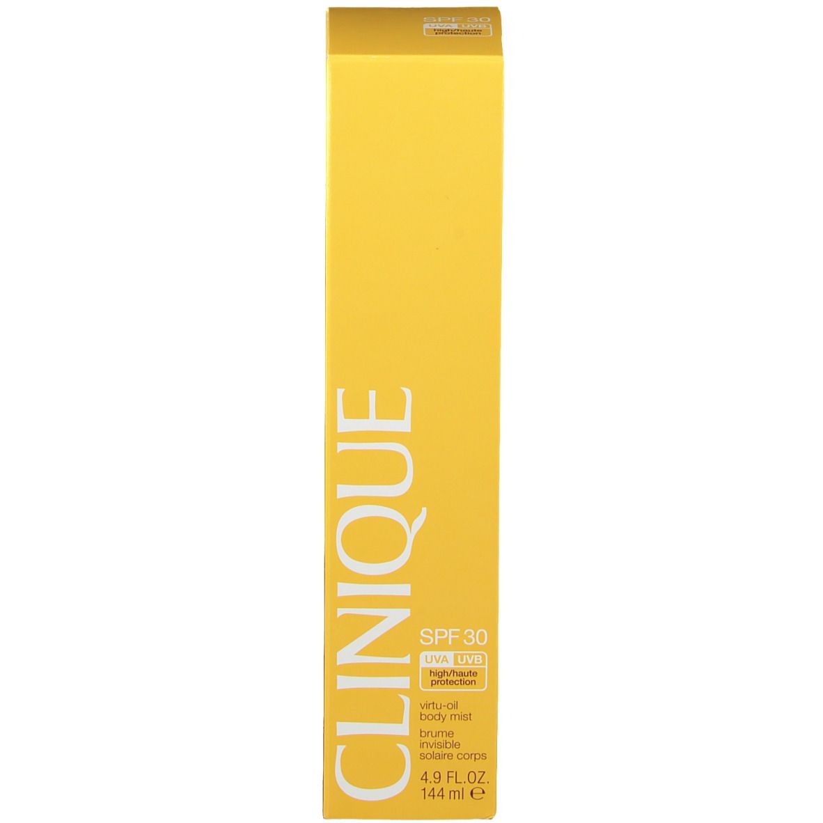 Boîte jaune. Inscription CLINIQUE. SPF 30. Virtu-oil body mist. 144 ml.