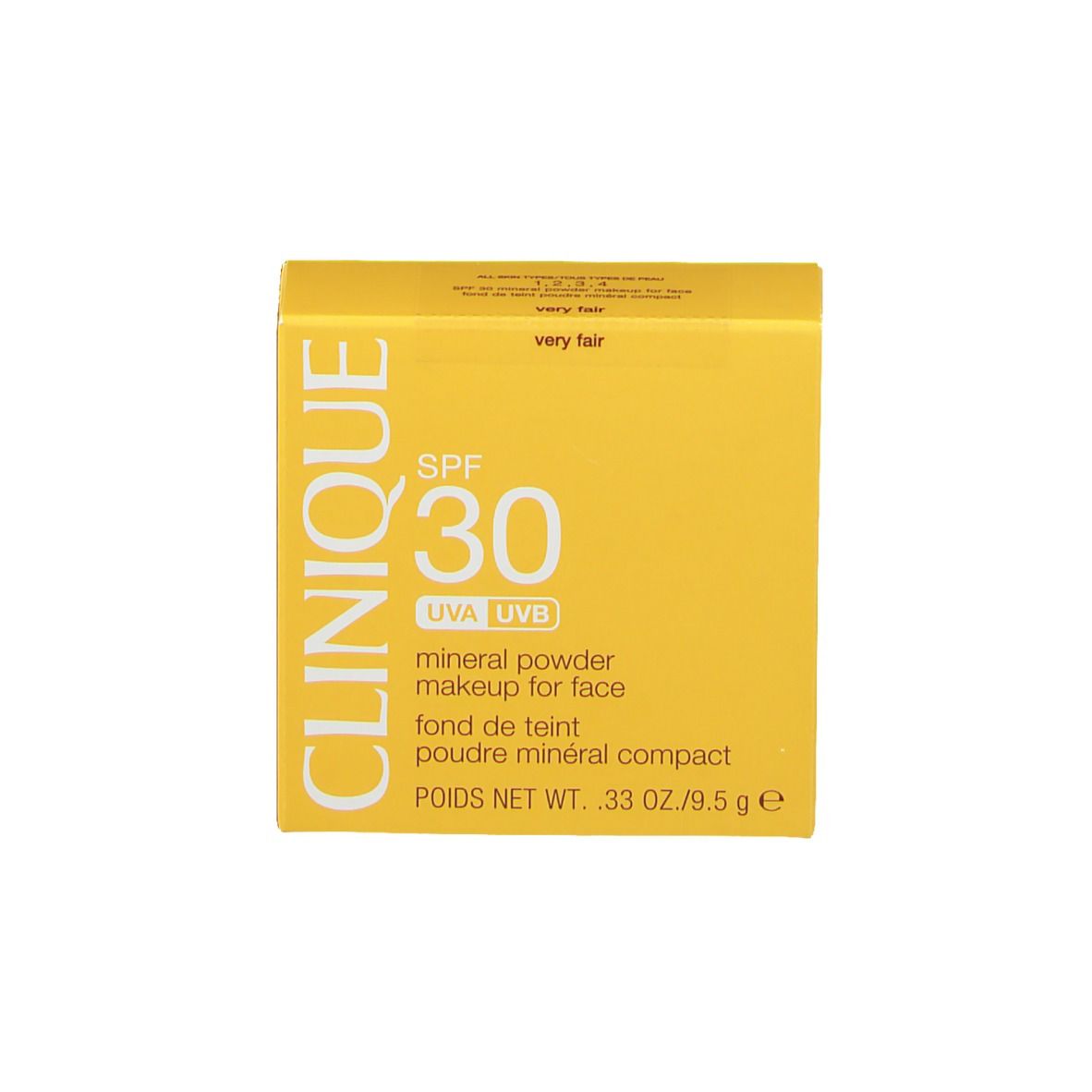 Gele doos met CLINIQUE-logo en productinformatie. SPF 30, mineral powder.
