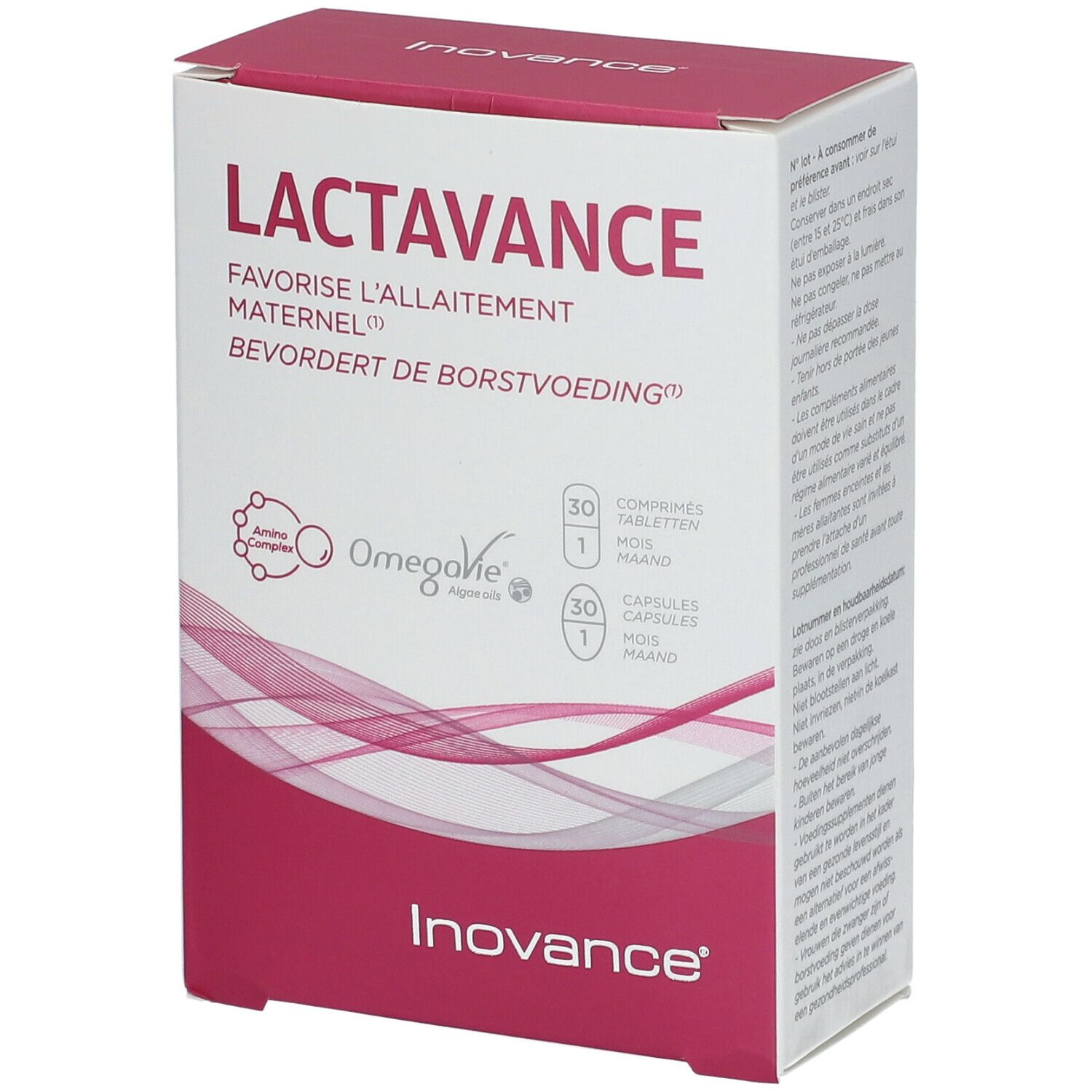 Doos Lactavance Inovance. Bevat 30 tabletten en 30 capsules. Bevordert borstvoeding.