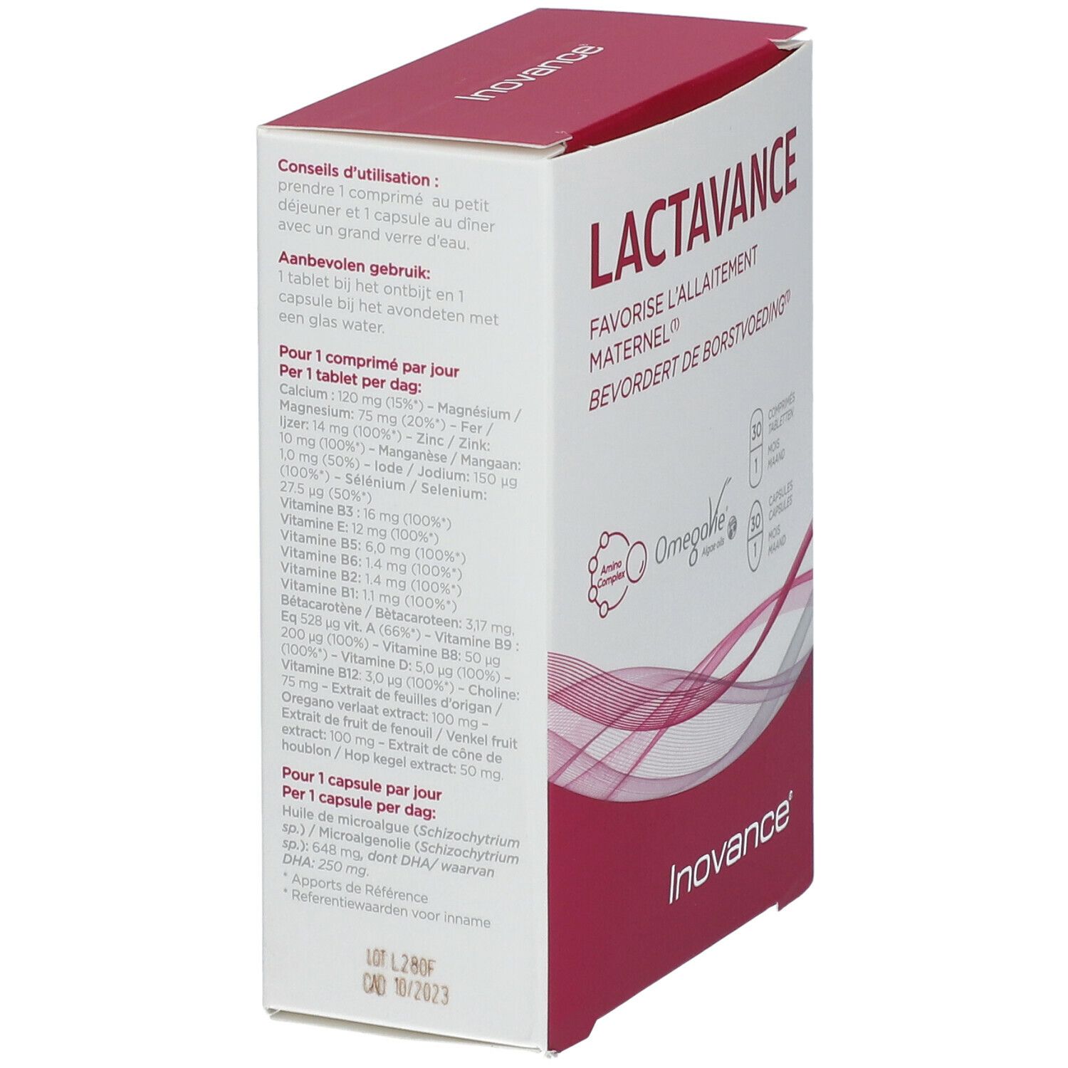 Doos Lactavance met gebruiksinformatie en ingrediënten. Inovance-logo.