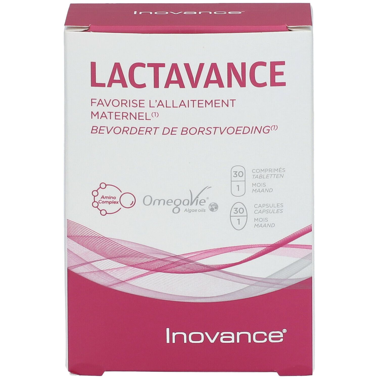 Doos Lactavance met Inovance-logo. Bevat 30 tabletten en 30 capsules. Roze en wit.