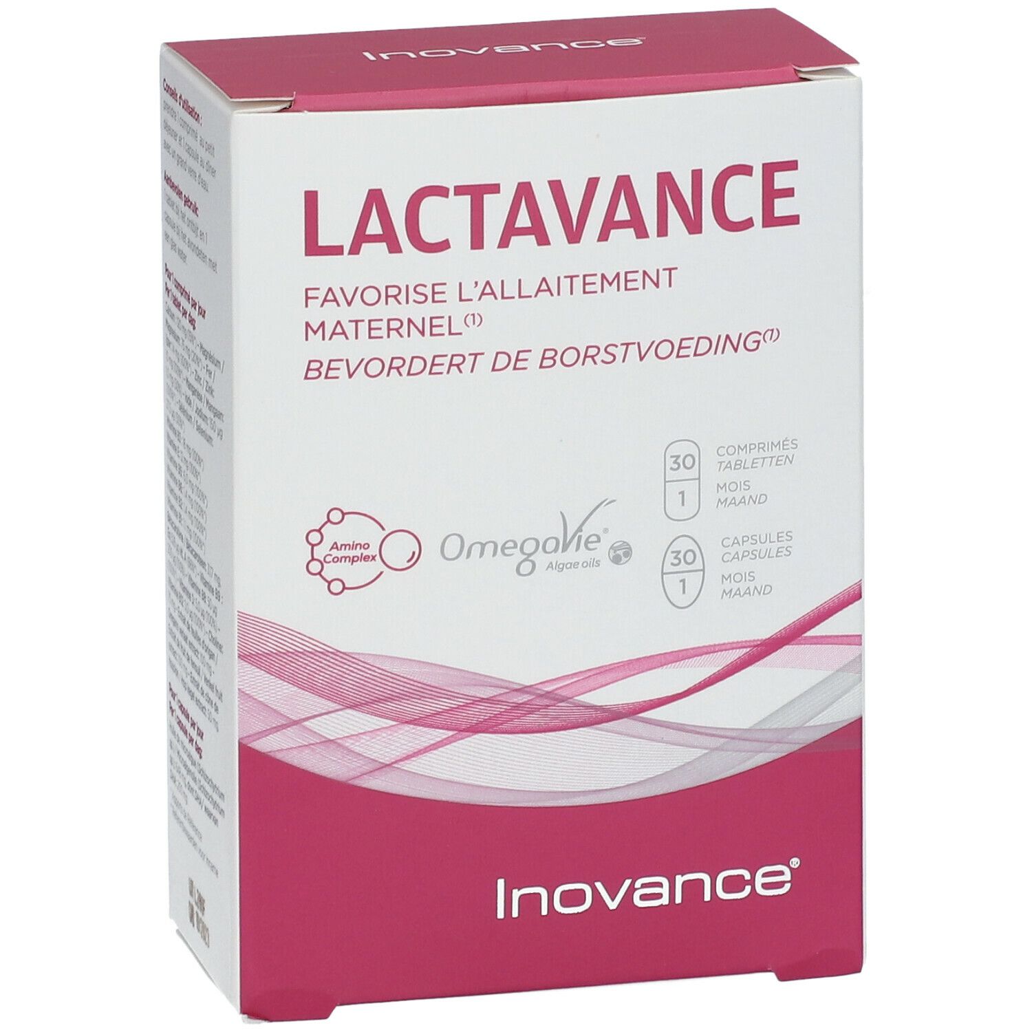 Doos Lactavance met Inovance-logo. Bevat 30 tabletten en 30 capsules. Roze en wit.